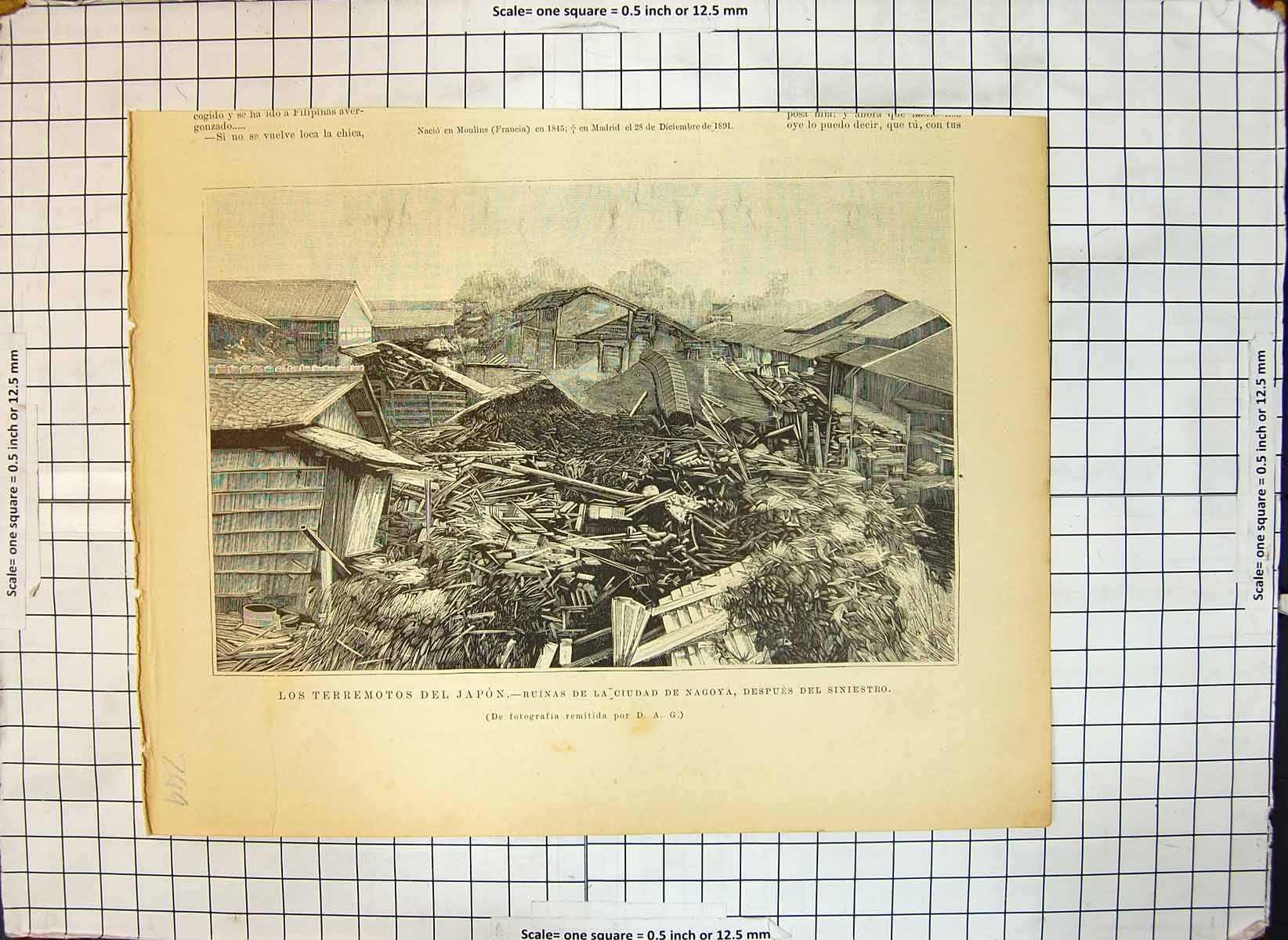 Original Old Antique Print Earthquake Japan Ruins Ciudad Nagoya Buildings