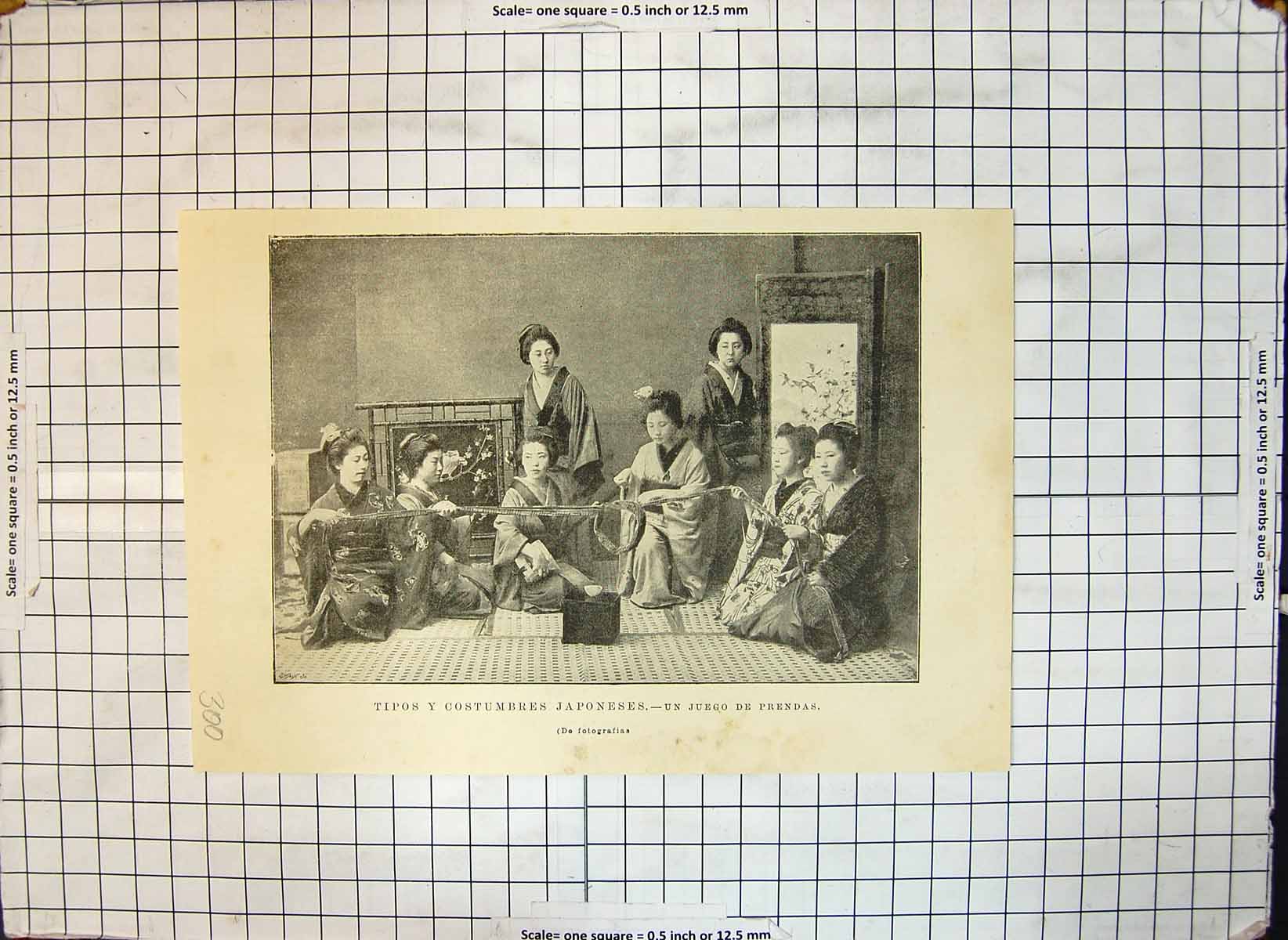 Original Old Antique Print Japanese Customs Young Woman Game Knot Ribbon