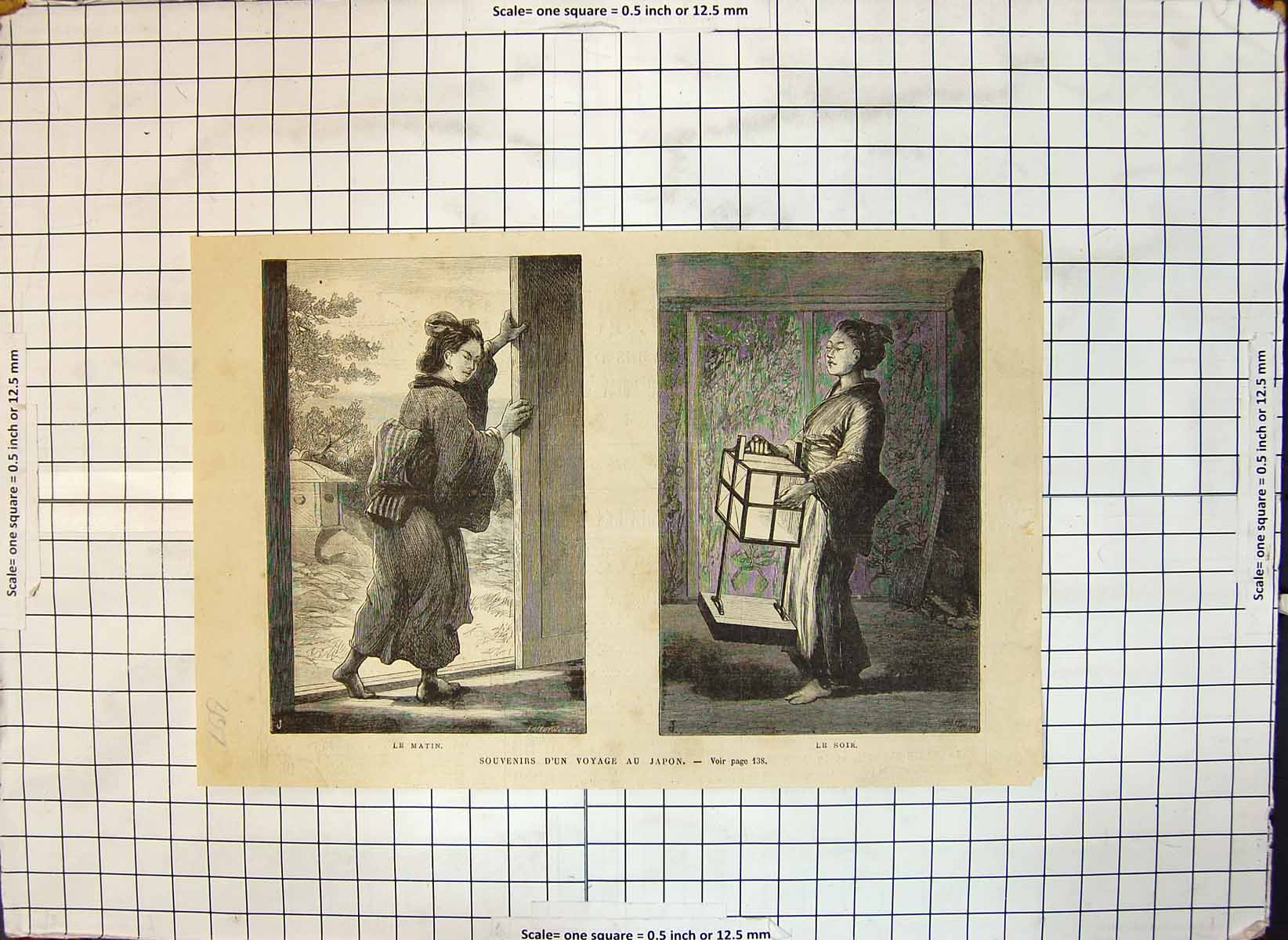 Original Old Antique Print Souvenirs Journey Japan Morning Evening Lamp