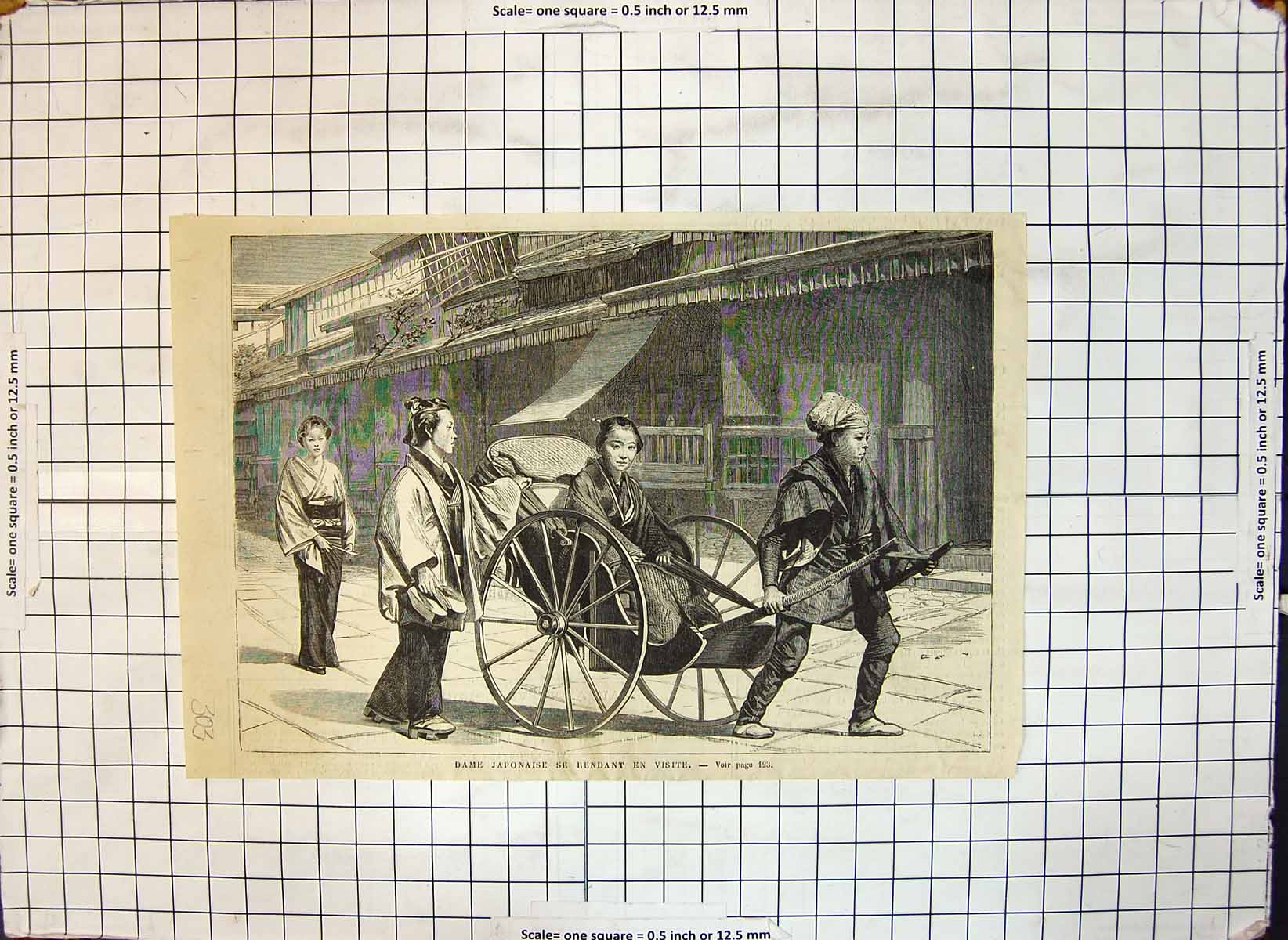 Original Old Antique Print Japanese Women Going Visit Rickshaw