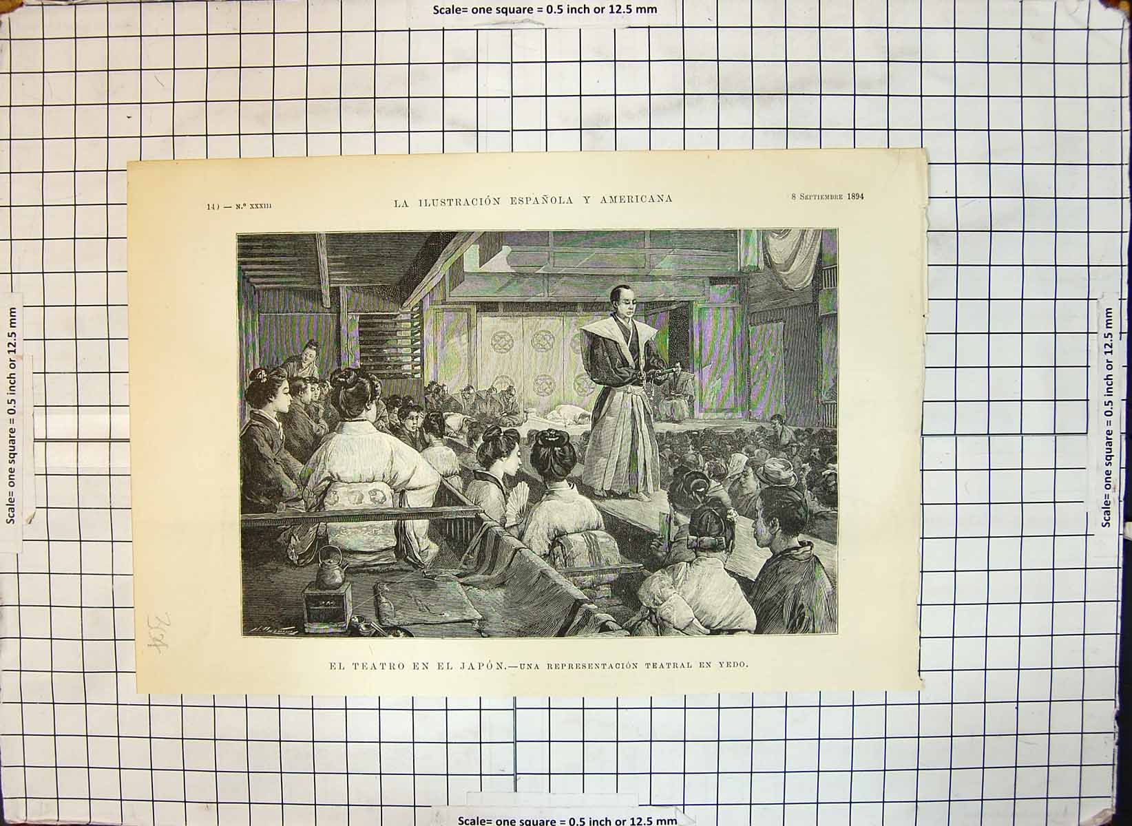 Original Old Antique Print Theatre Japan Theatrical Presentation Yedo 1894 19th