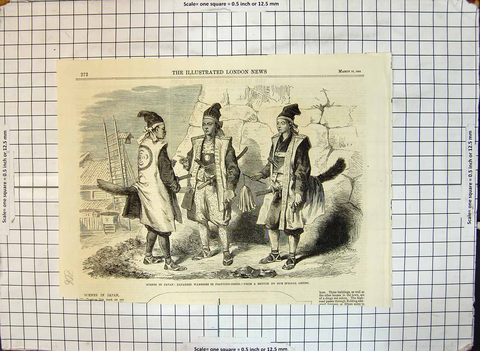 Original Old Antique Print Japanese Warriors Fighting Dress 1864 19th