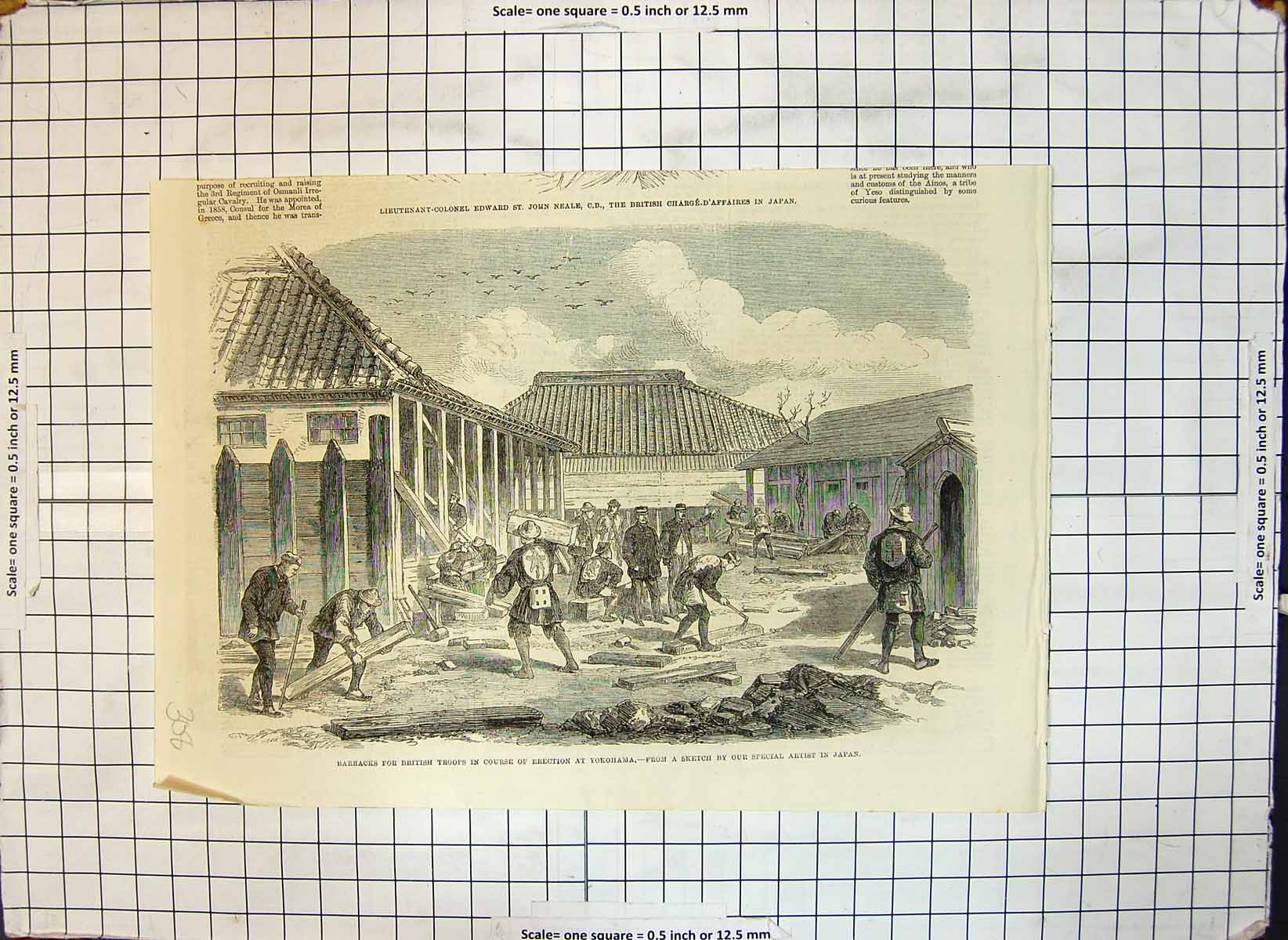 Original Old Antique Print Barracks For British Troops Course Erection Yokohama