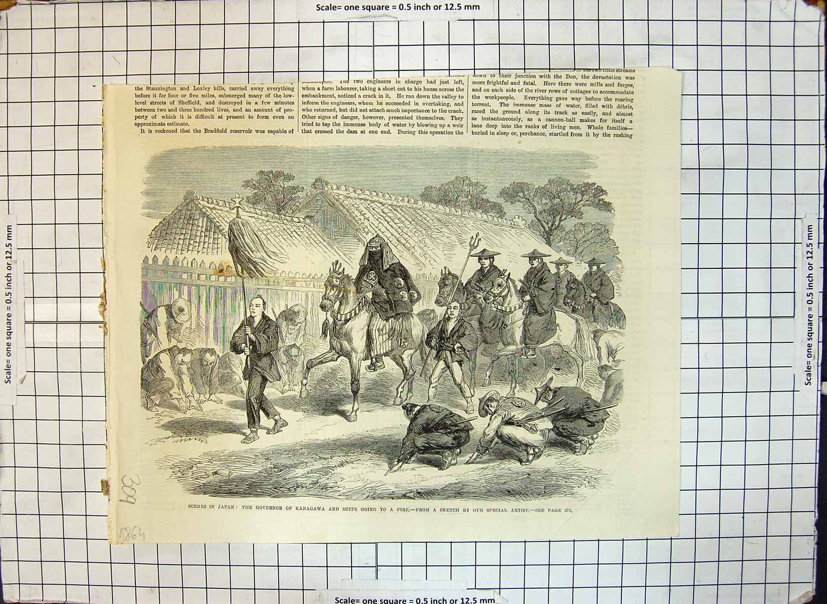 Original Old Antique Print Japan Governor Kanagawa Suite Going To A Fire 1864