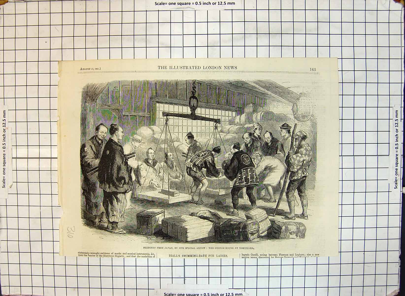 Original Old Antique Print Sketches From Japan Custom House Yokuhama 1861 19th