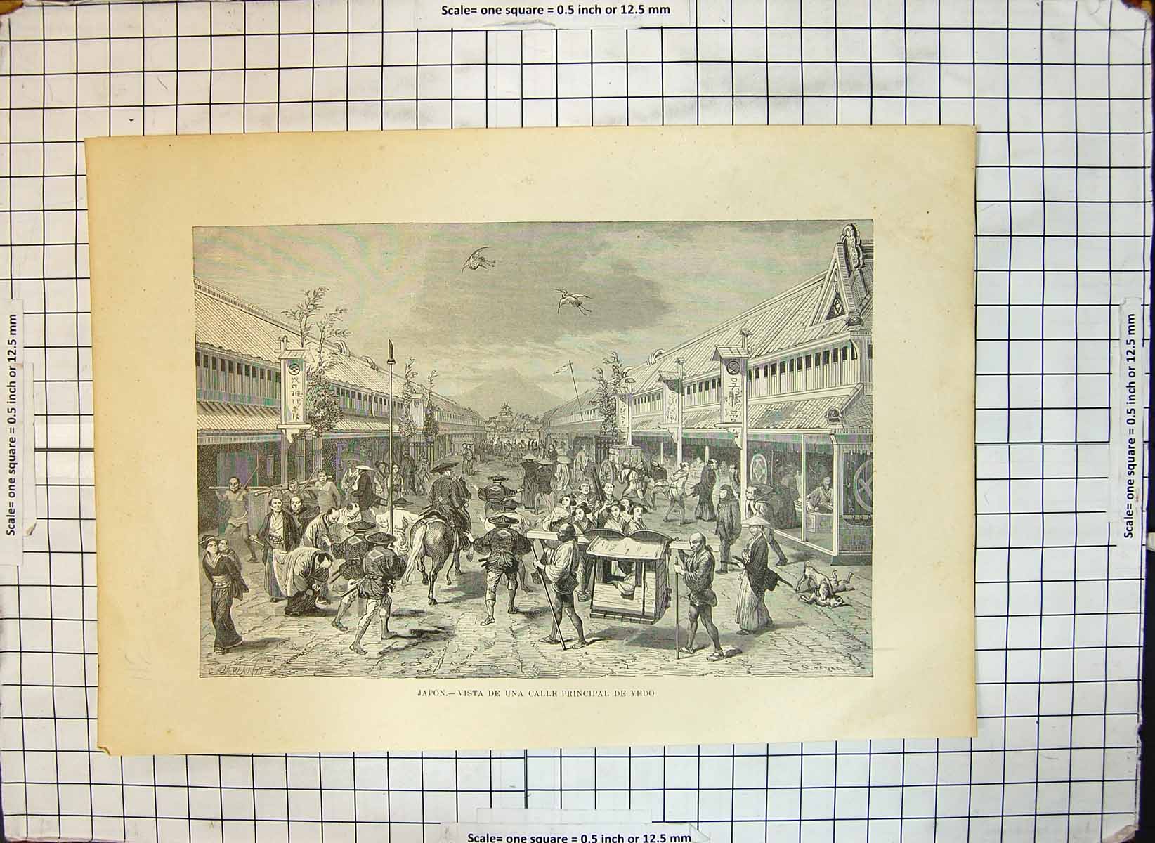 Original Old Antique Print Japan View Principal Street Yedo Traders