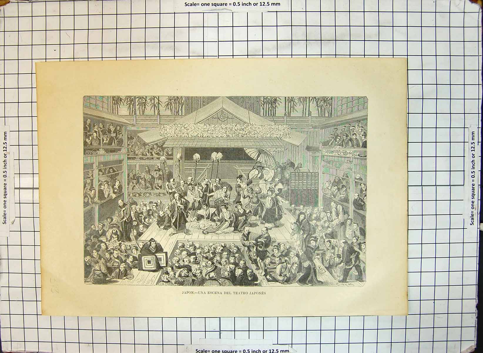 Original Old Antique Print Japan Scene Japanese Theatre Actors Stage