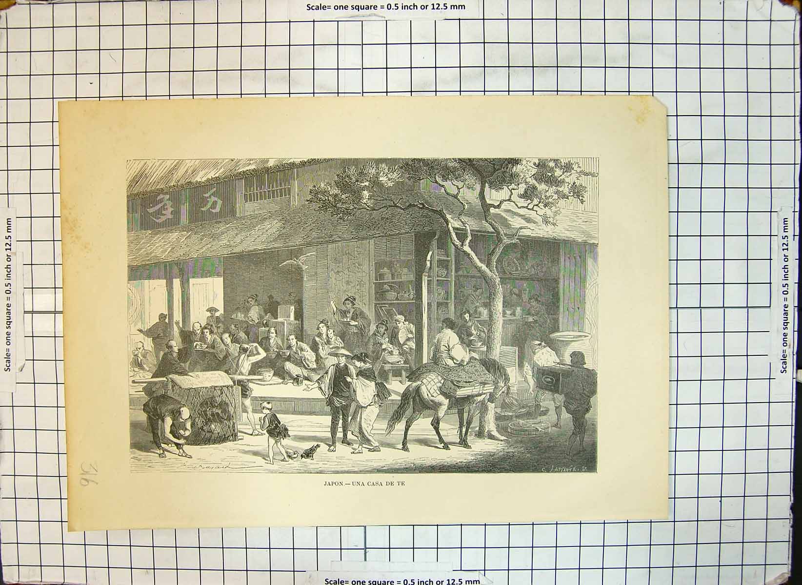 Original Old Antique Print Japan Tea Party Street People Drinking Tea Relaxing