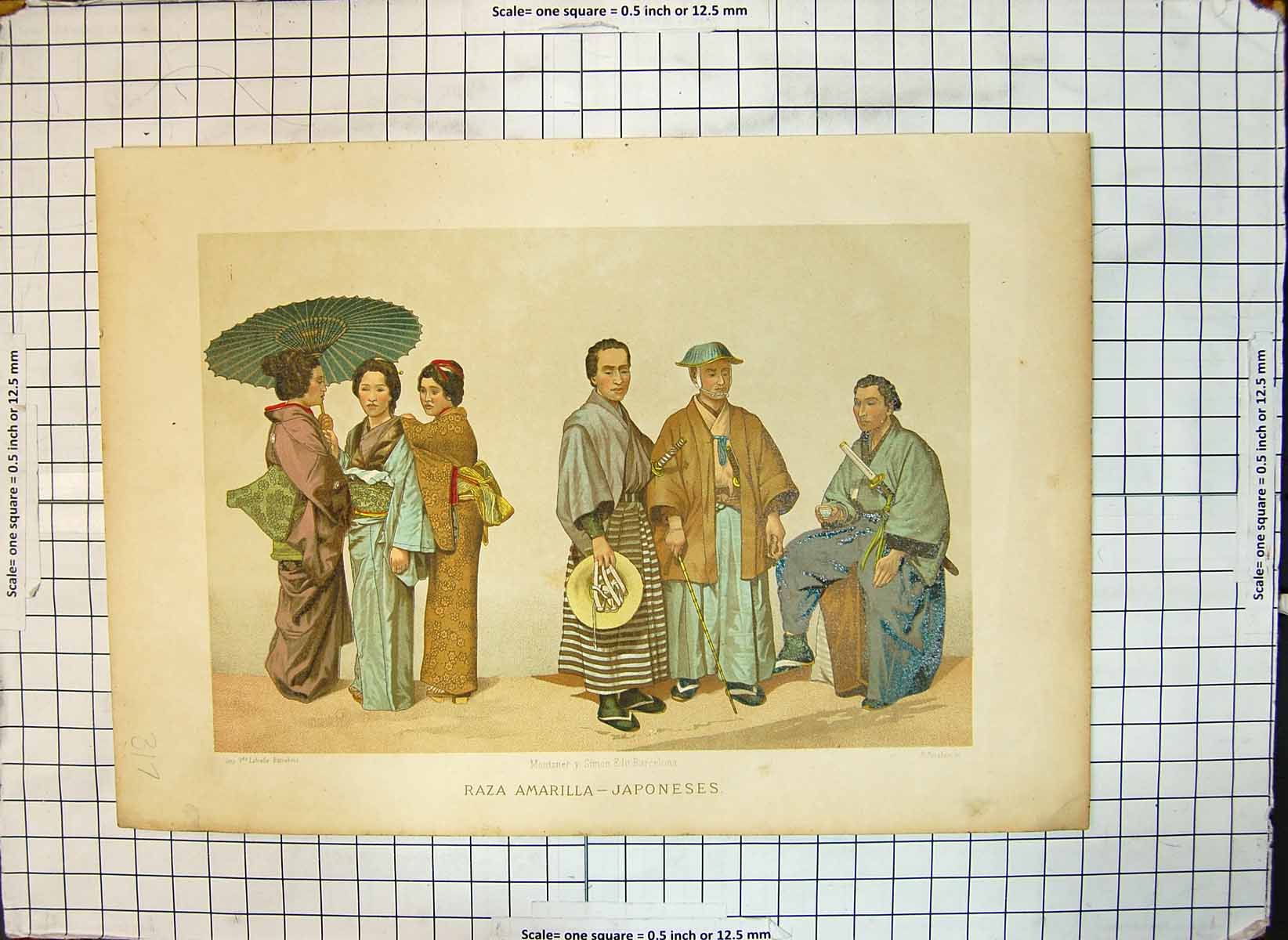 Original Old Antique Print Japanese Colour Women Men Raza Amarilla