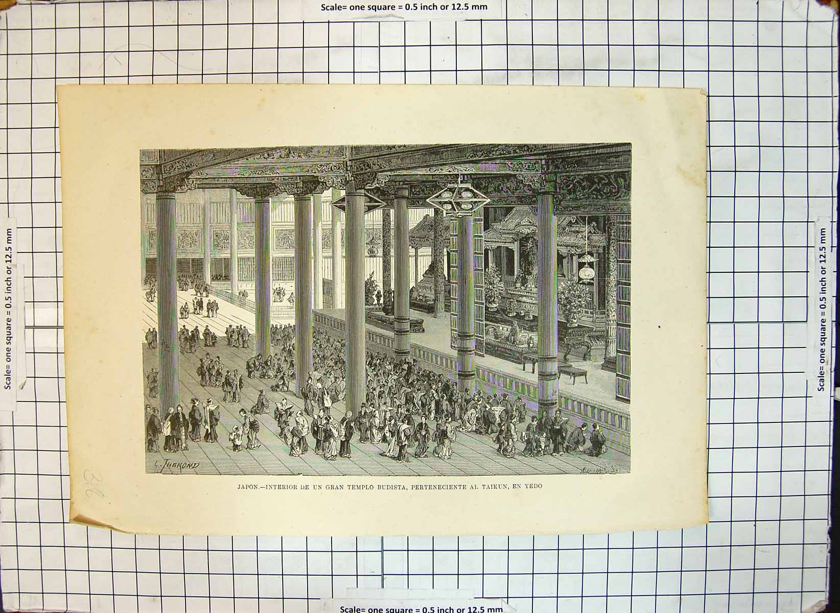 Antique Old Print Japan Interior Grand Buddhist Temple Taikun Yedo Therond