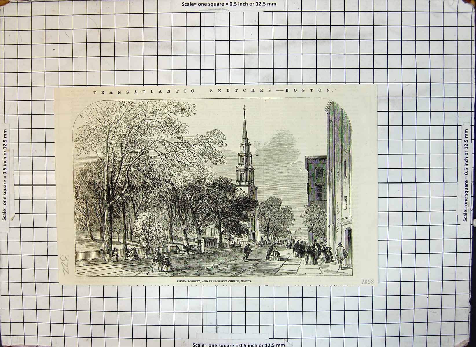 Original Old Antique Print Tremont Street Park Street Church Boston 1858 19th