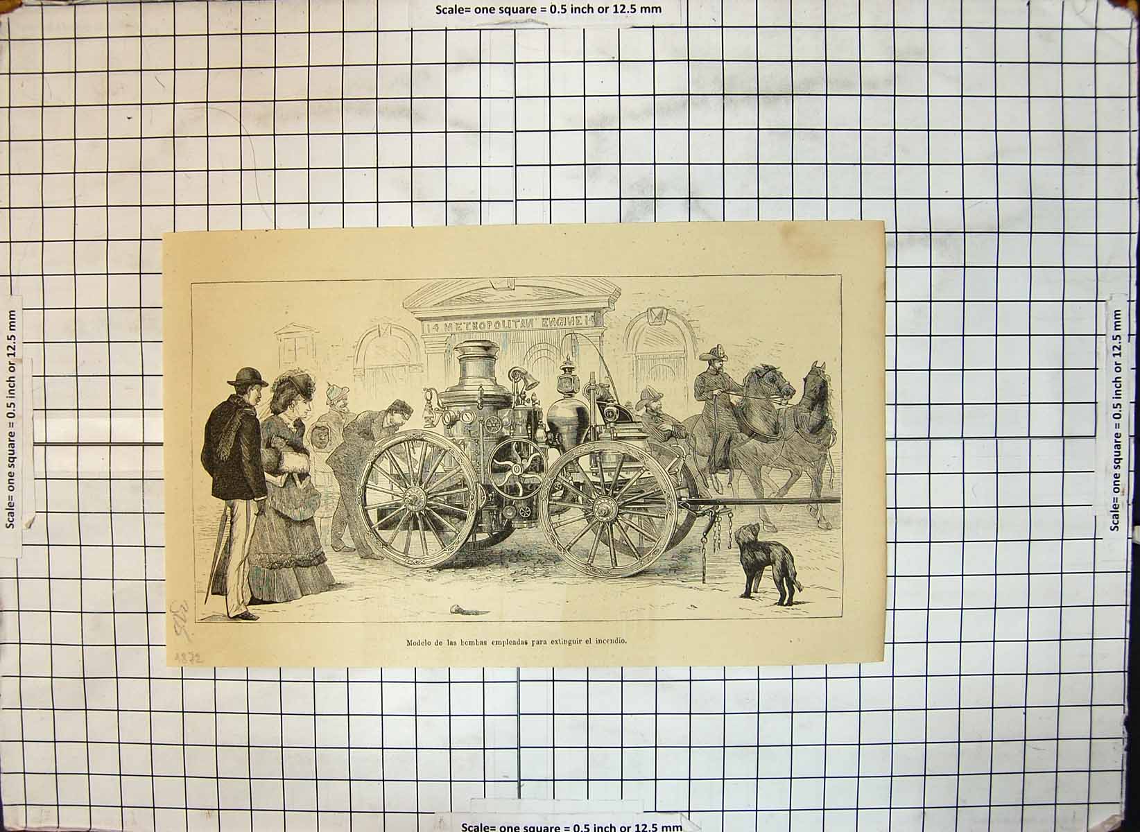 Antique Old Print Fire Engine Used For Extinguising Fires Cart Wheels 1872 19th