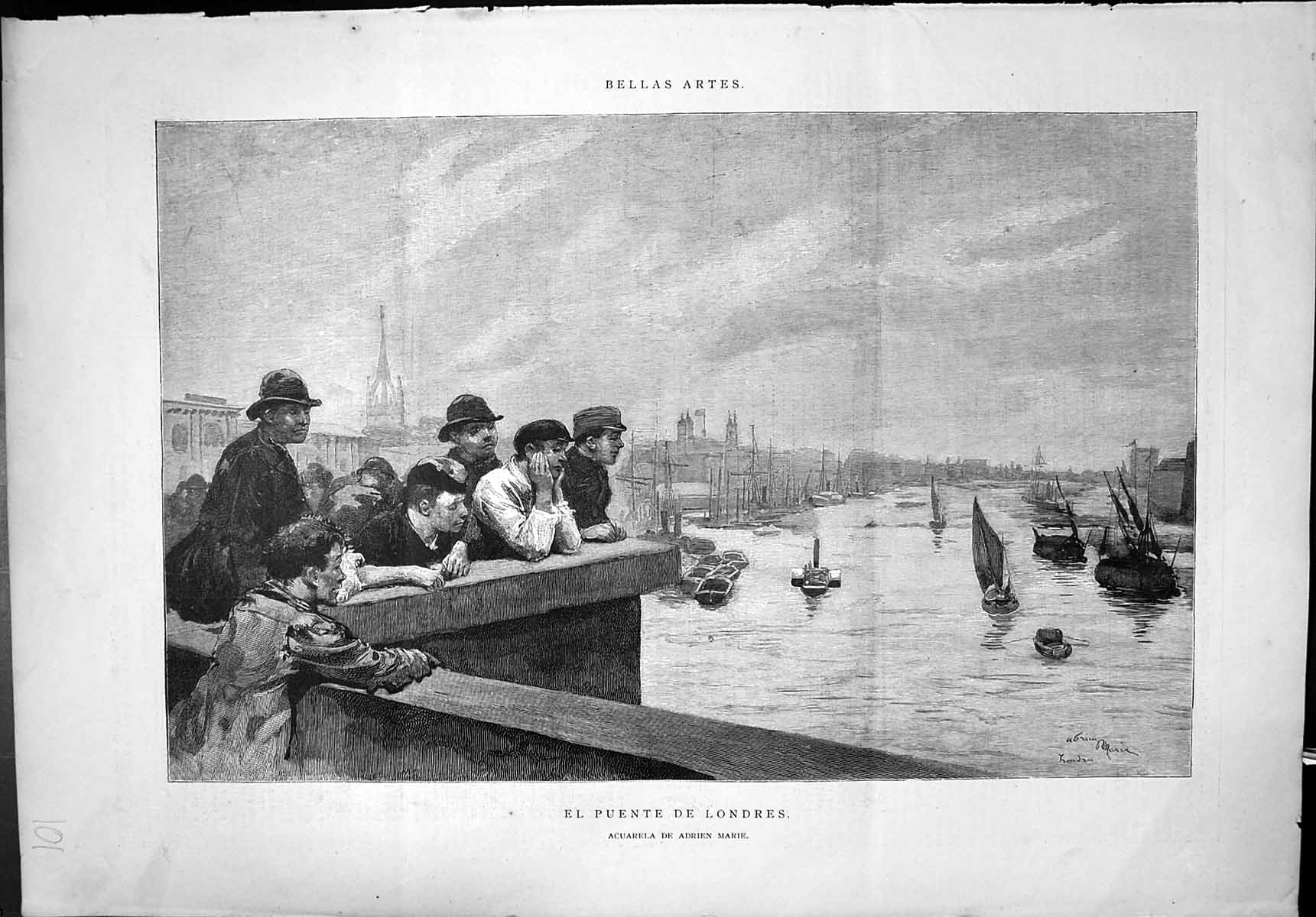 Antique Old Print El Puente De Londres Acuarela Adrien Marie Men Boats River