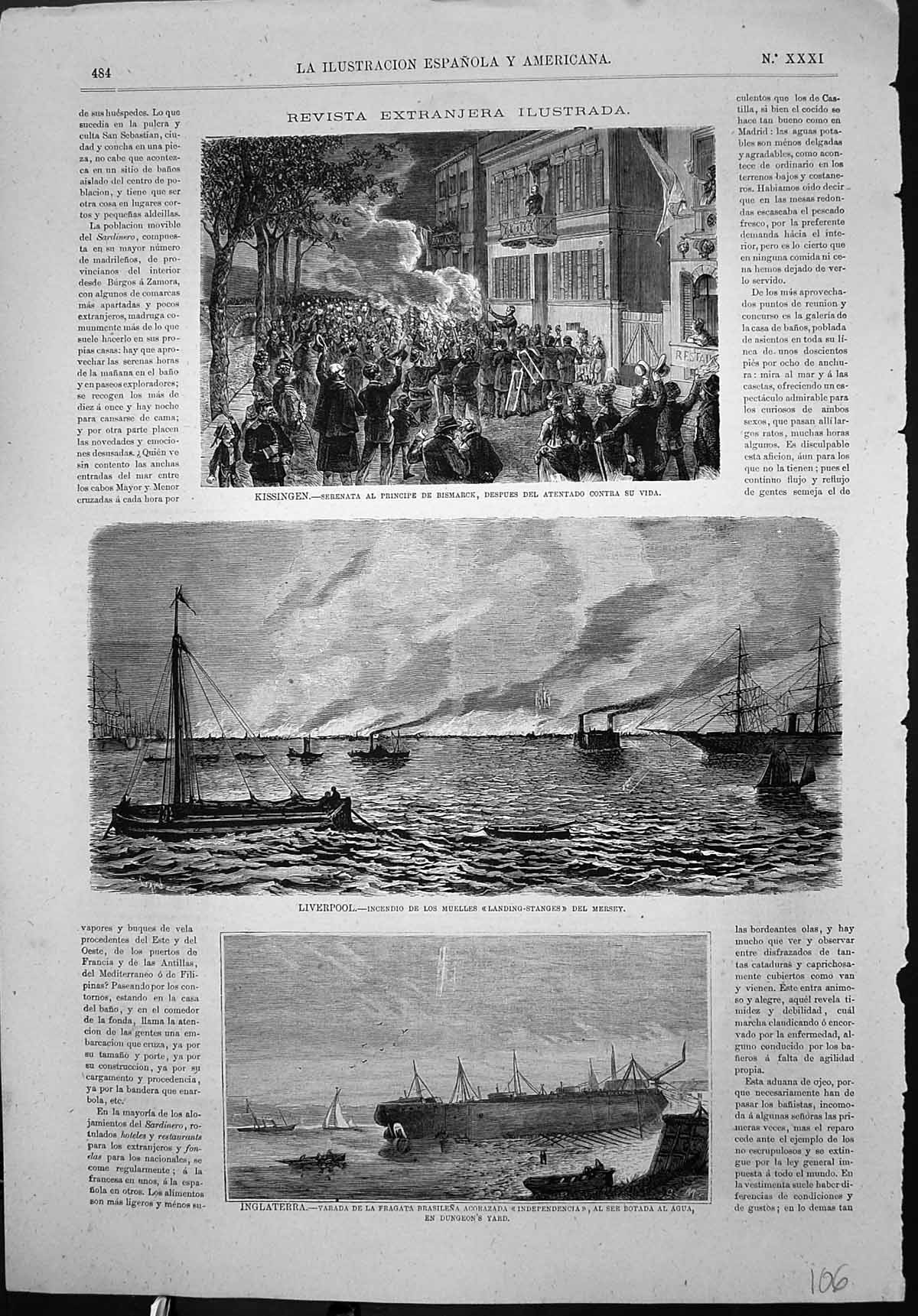 Old Print Kissingen Bismarck Liverpool Landing Stanges Fragata Brasilena