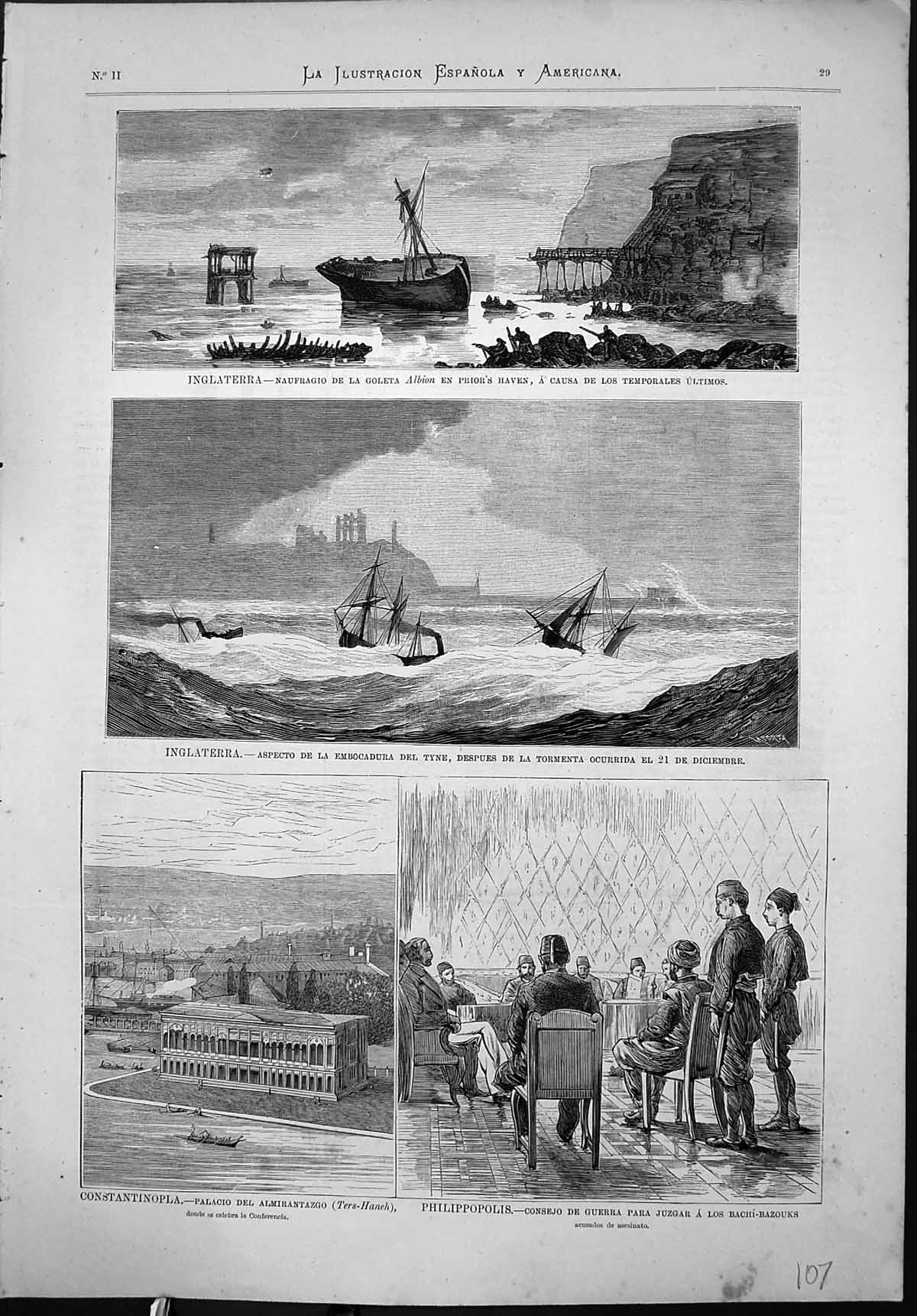 Old Print Albion Priors Haven Embocadura Tyne Constaninopla Philippopolis