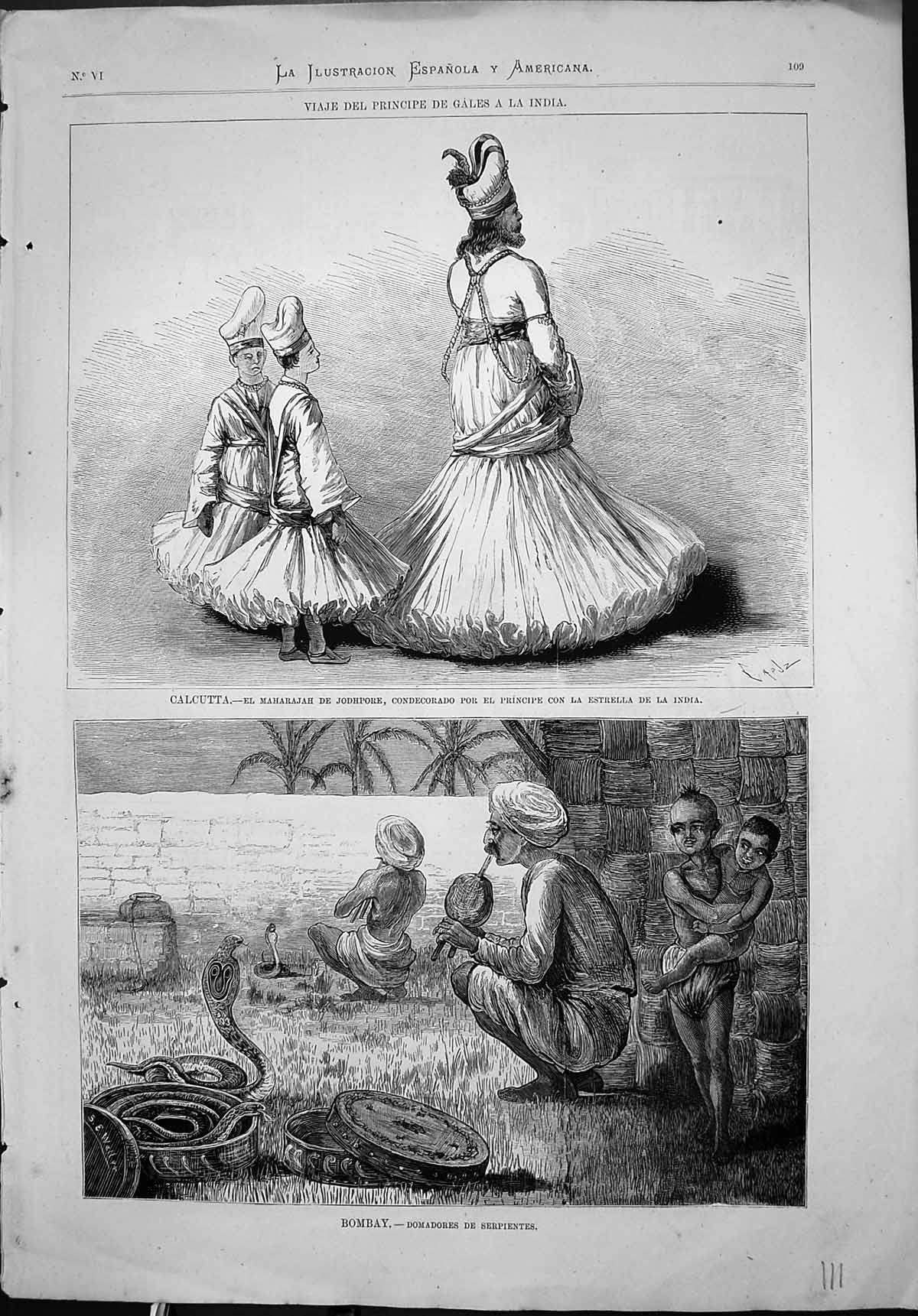 Old Print Calcutta Maharajah De Jodhpore Bombay Playing Snakes Serpientes
