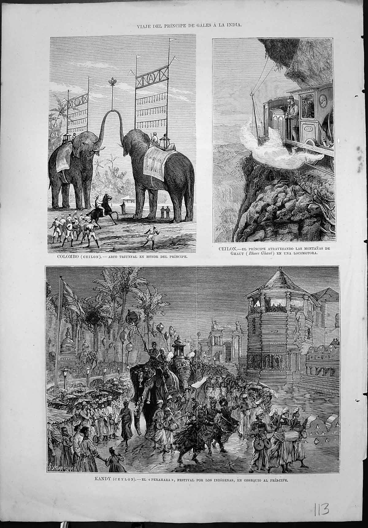 Antique Print Colombo Triumphal Arch Elephants Kandy Festival Los Indigenas