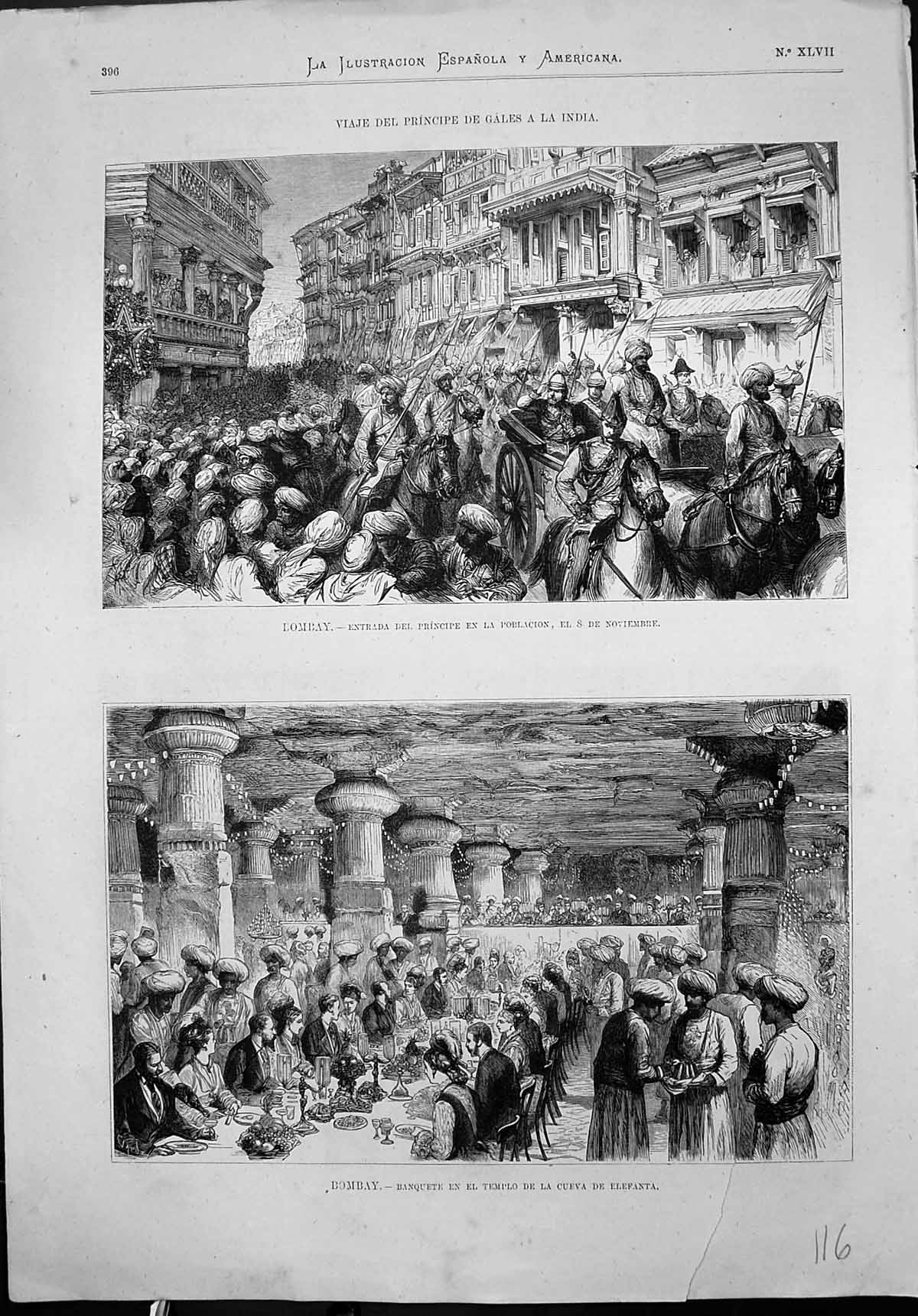 Old Antique Print Bombay Principe Poblacion Banquet Temlo Cueva Elephants