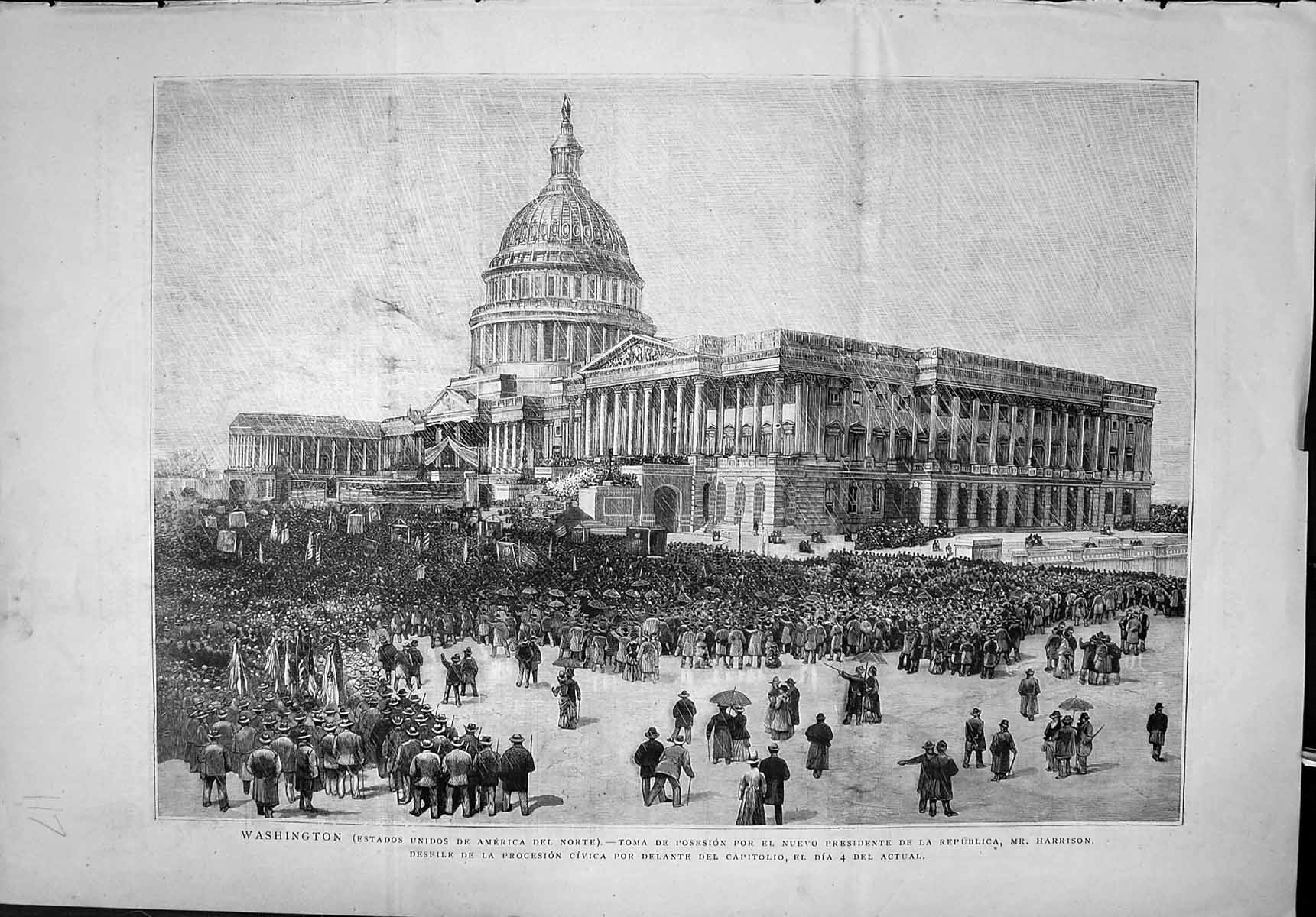 Antique Old Print Washington Toma Posesion New President Republic Mr Harrison