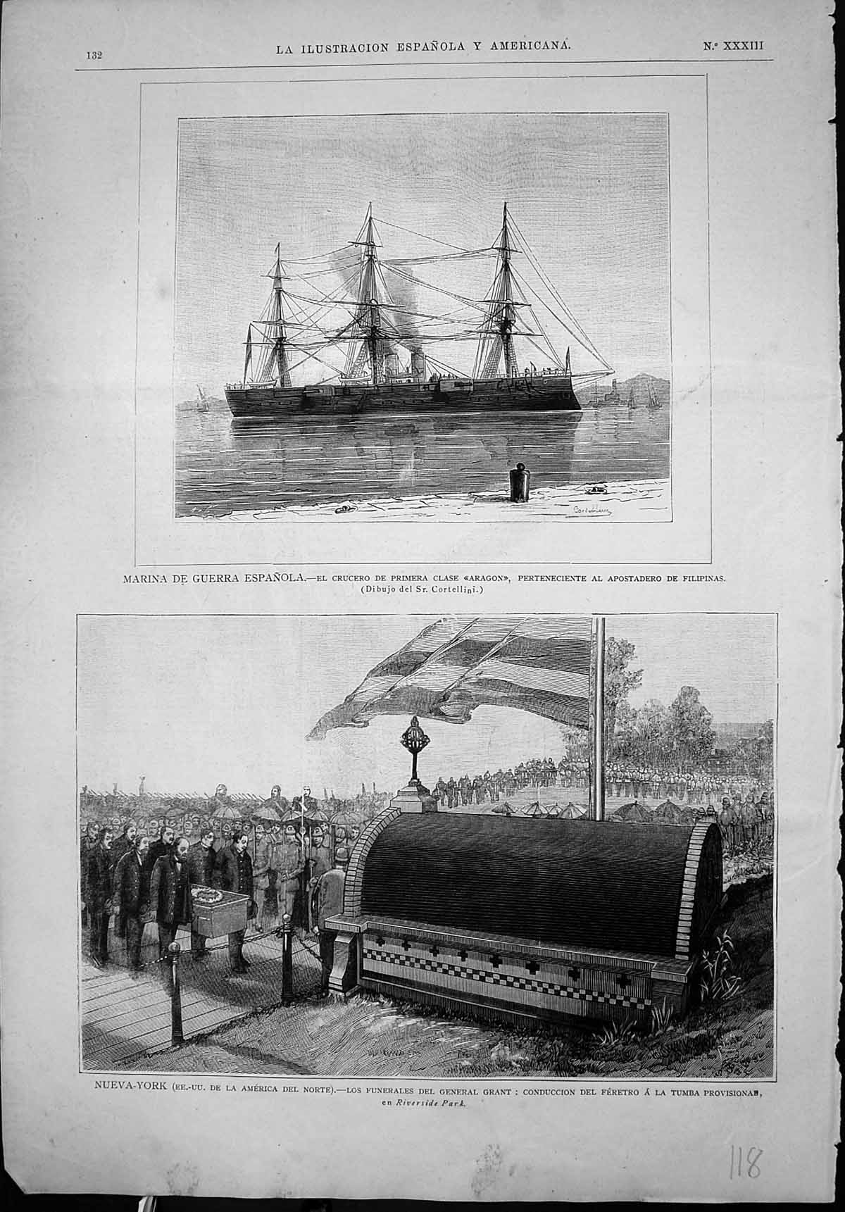 Antique Print Marina Guerra Espanola Aragon New York Funeral General Grant