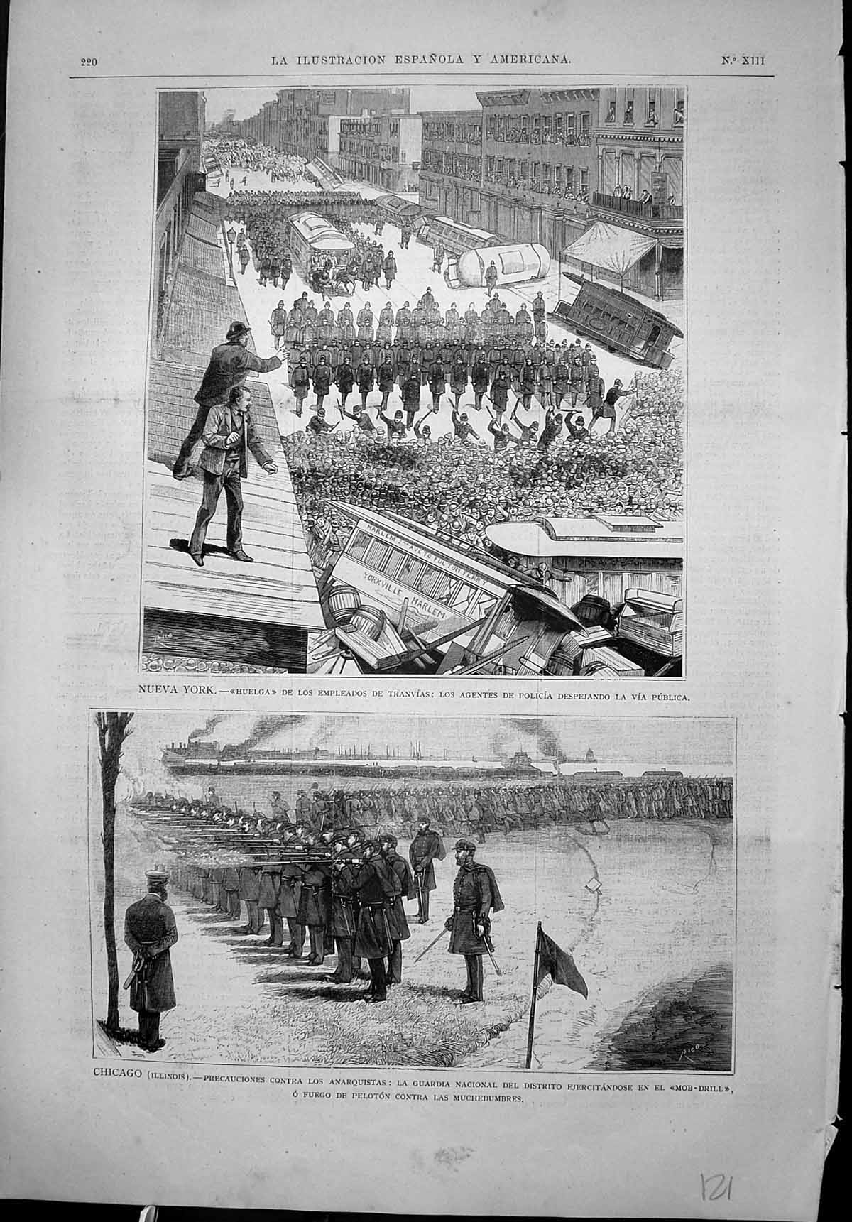 Old Print New York Huelga Police Public Chicago National Guard Mob Drill