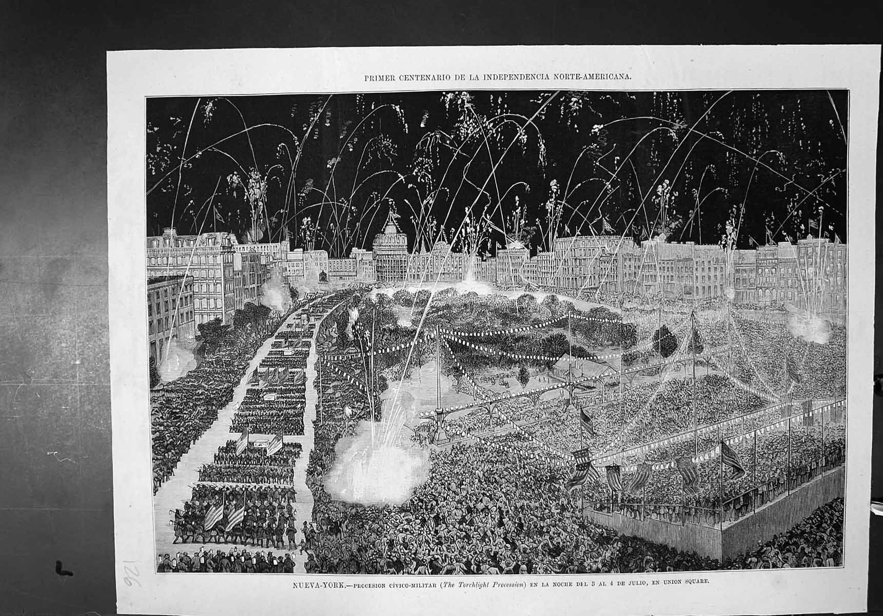 Antique Old Print New York Torchlight Procession Union Square 3Rd 4Th July