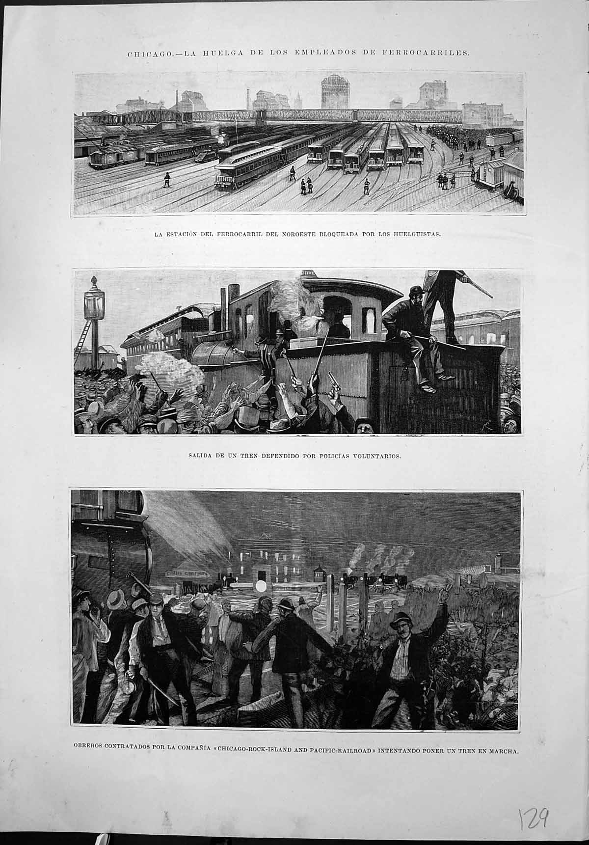 Old Print Chicago Train Station Mob Against Rock Island Pacific Railroad