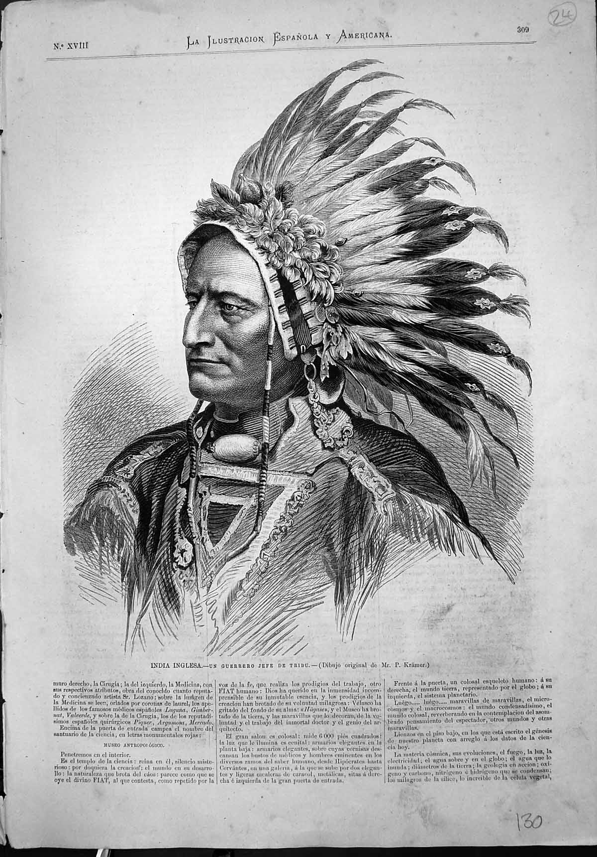 Old Antique Print India Inglesa Guerrero Jefe Tribu Dibujo P Kramer Chief