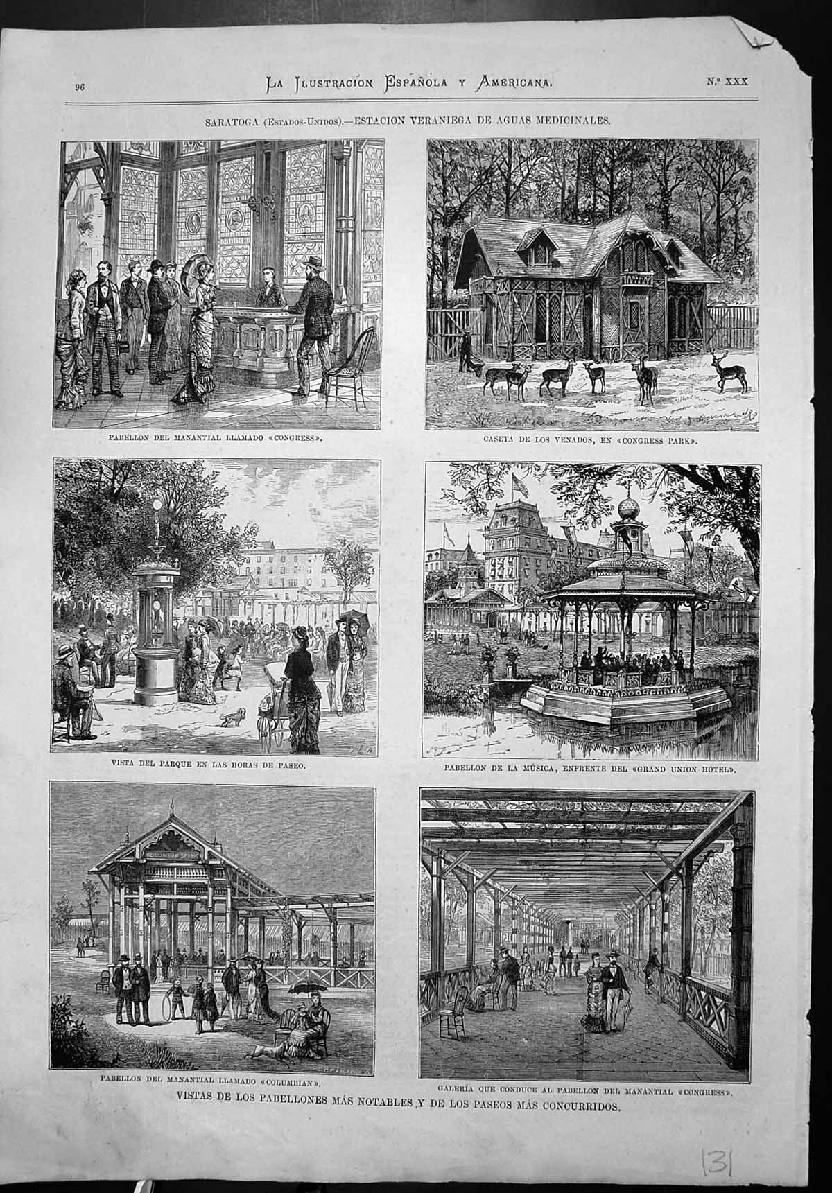 Old Print Saratoga Congress Park Music Pavilion Grand Union Hotel Gallery