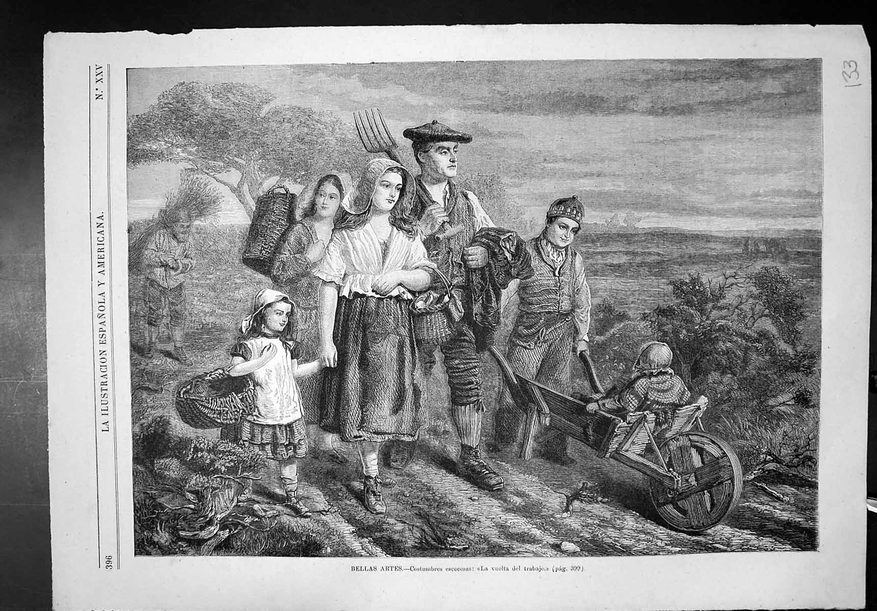 Old Print Bellas Artes Costumbres Escocesas Vuelta Trabajo Family Harvest