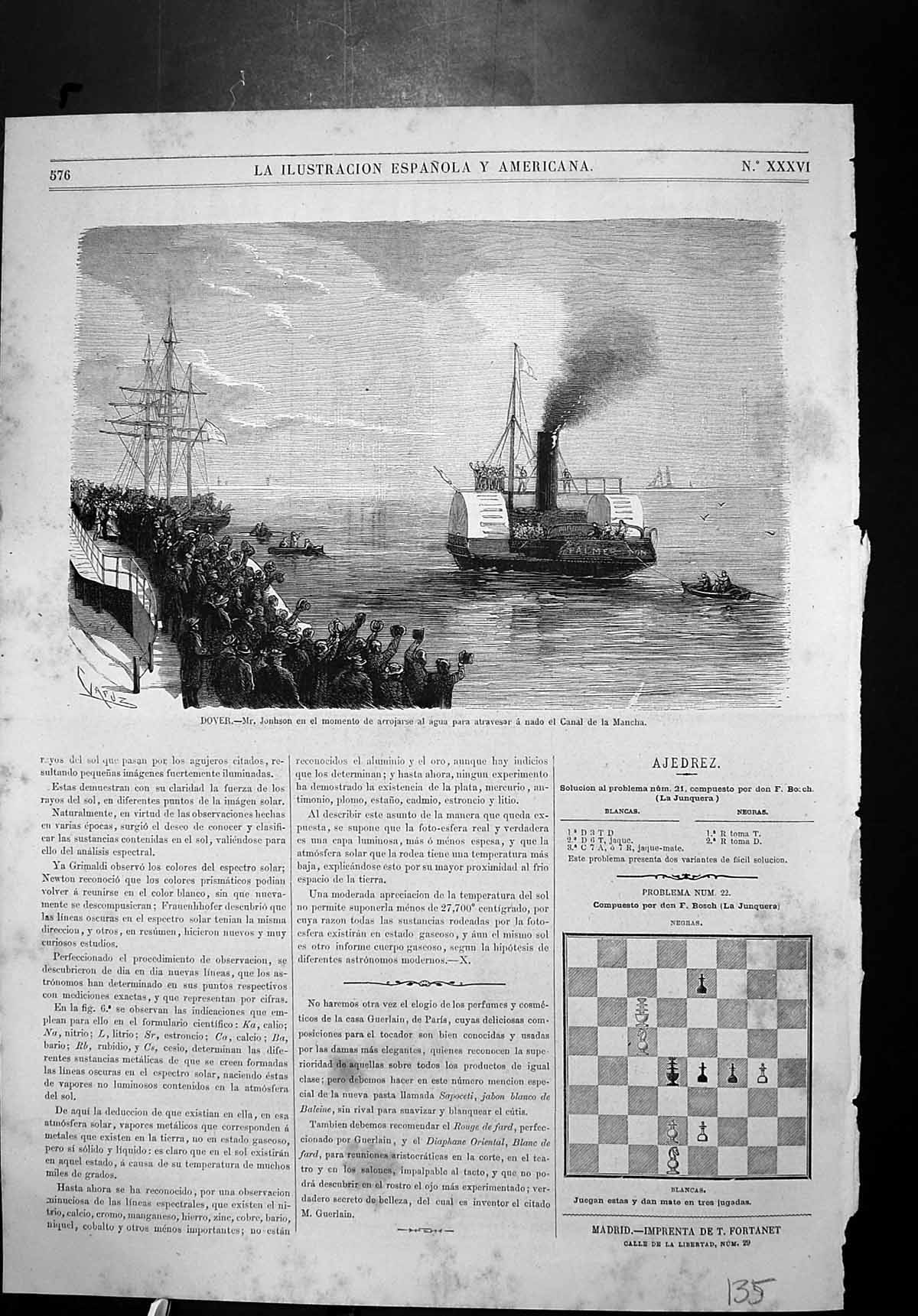Original Old Antique Print Dover Mr Jonhson Crowd Waving Ship Canal Mancha