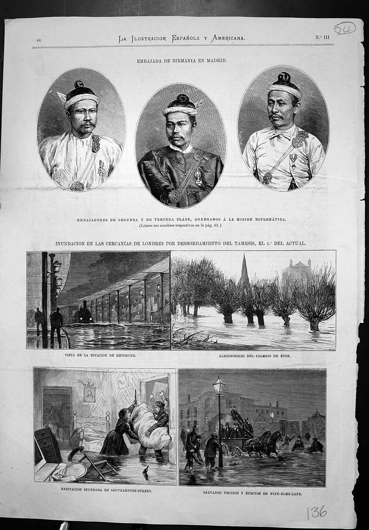 Antique Old Print Embajadores Segunda Inundations London Thames Richmond Eton