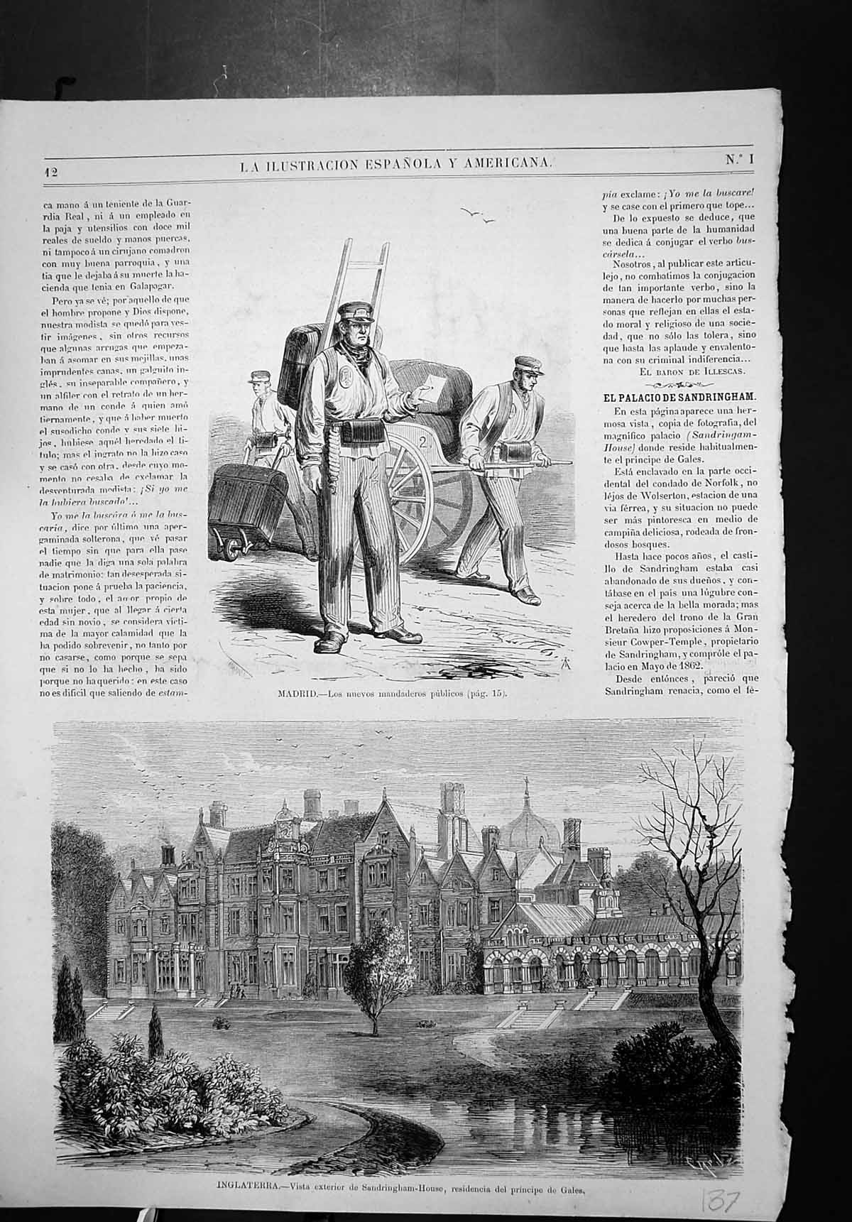 Original Old Antique Print Madrid Mandaderos Publcos Exterior Sandringham House