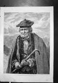 Old Antique Print Anciano Escoces Cuadro De M Thomas Faed Man Plaid Stick