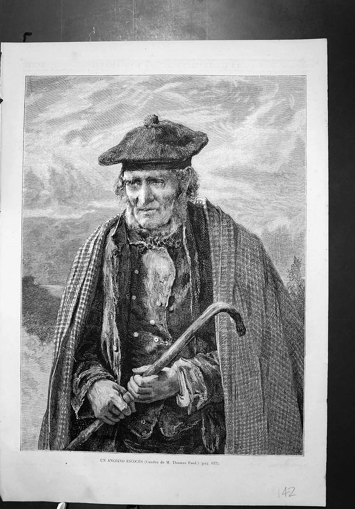 Old Antique Print Anciano Escoces Cuadro De M Thomas Faed Man Plaid Stick