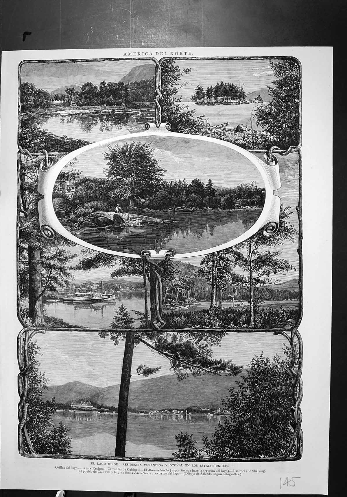 Antique Old Print North America Lago Jorge Caldwell Rocas Shelving Lake House
