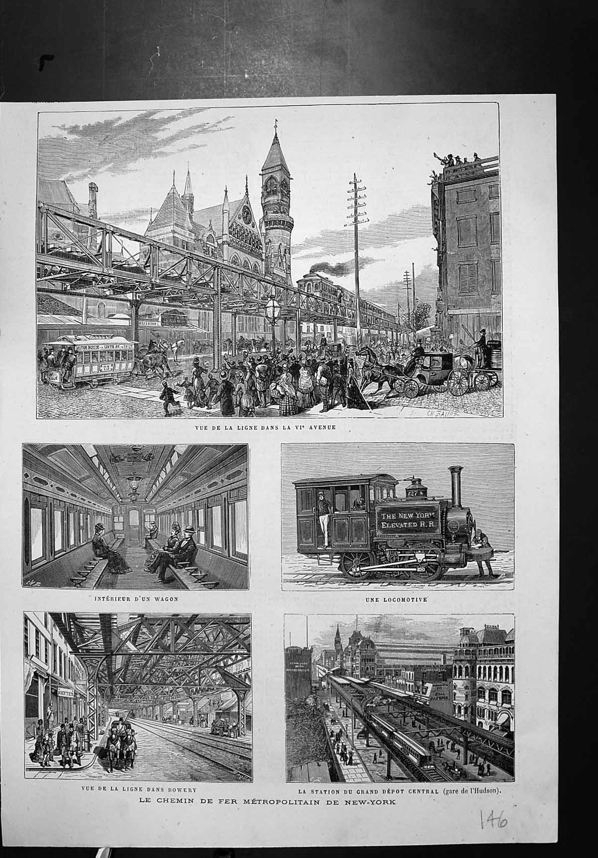 Old Print New York Railway Line Locomotive Inside Waggon Central Station