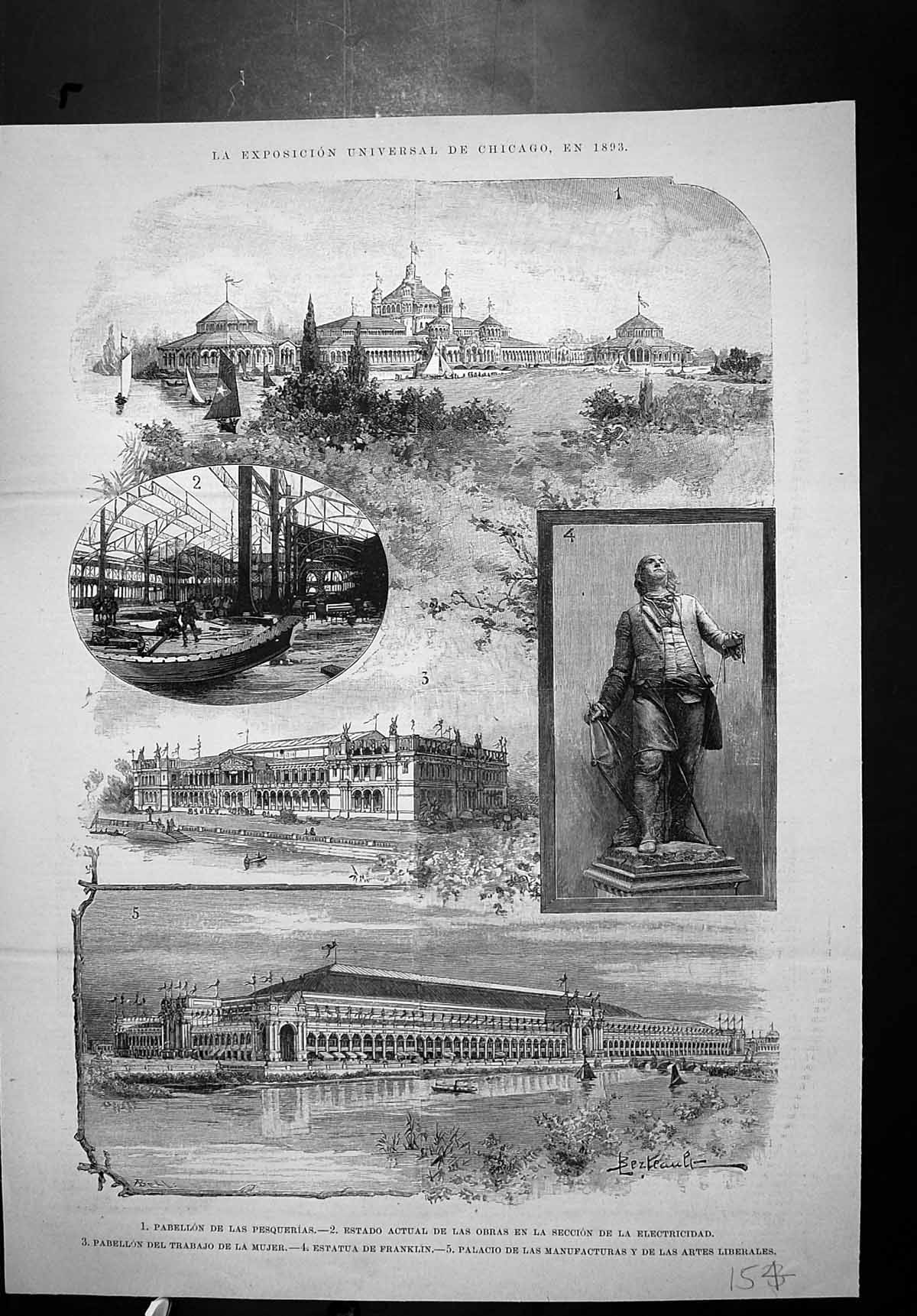 Antique Old Print Universal Exhibition Chicago 1893 Statue Franklin Palace 19th