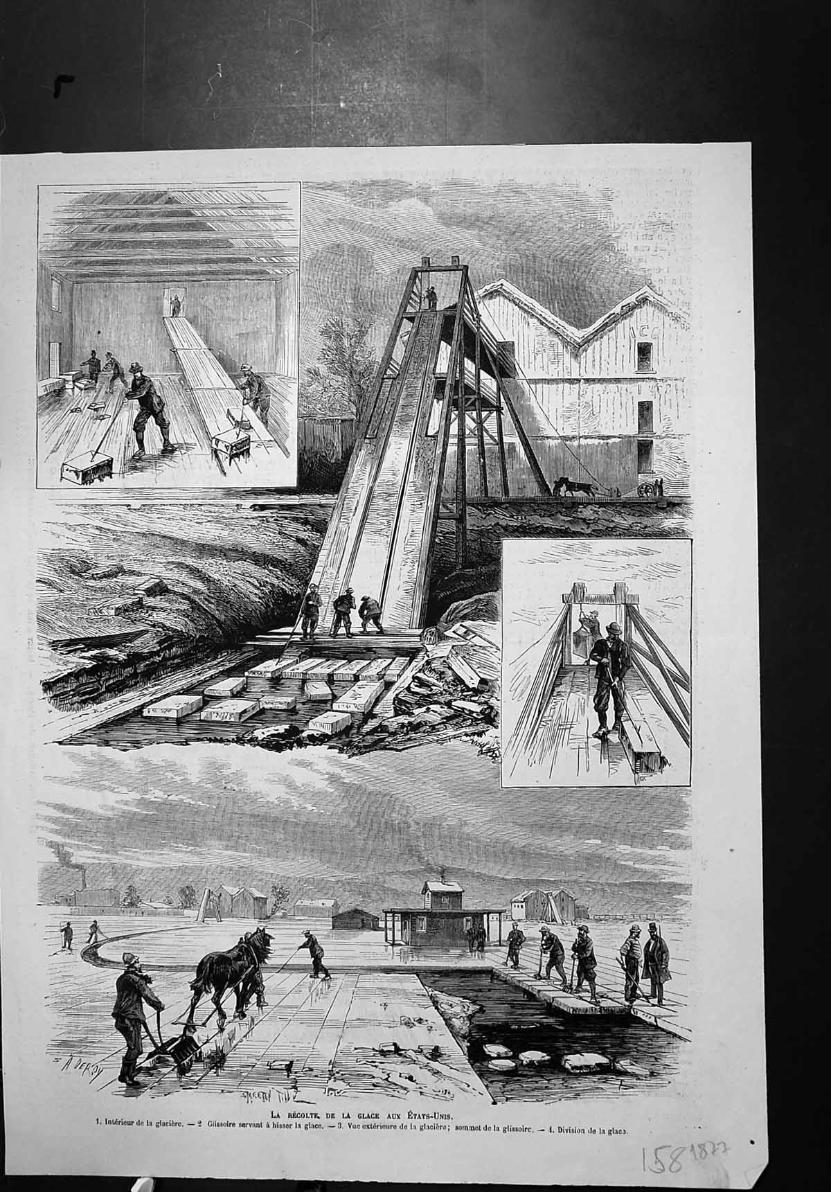 Antique Old Print Recolte De La Glace U S A Ice Making Factory Division Ice