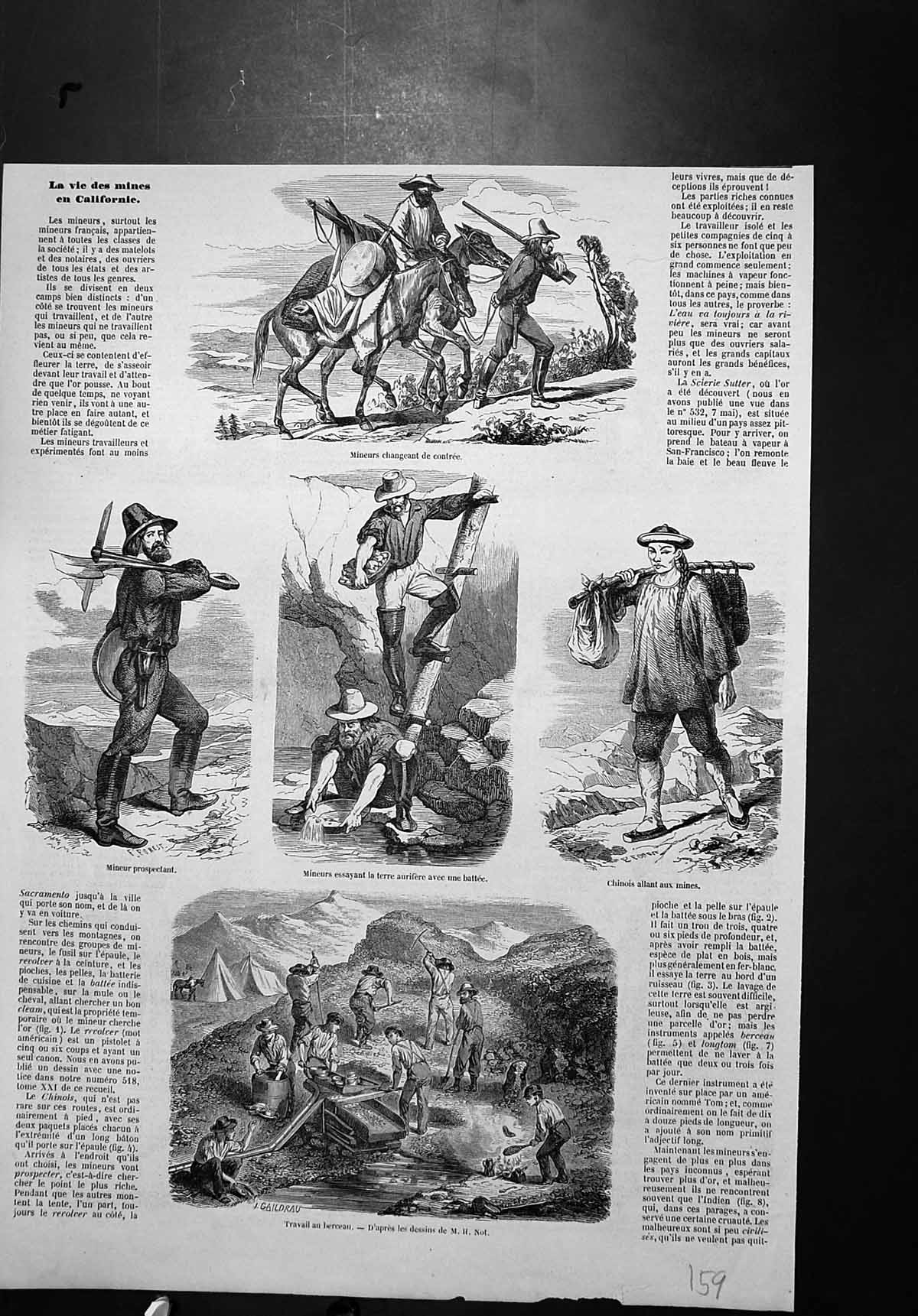 Antique Old Print Life Miners California China Men Mines Working Picks Camp