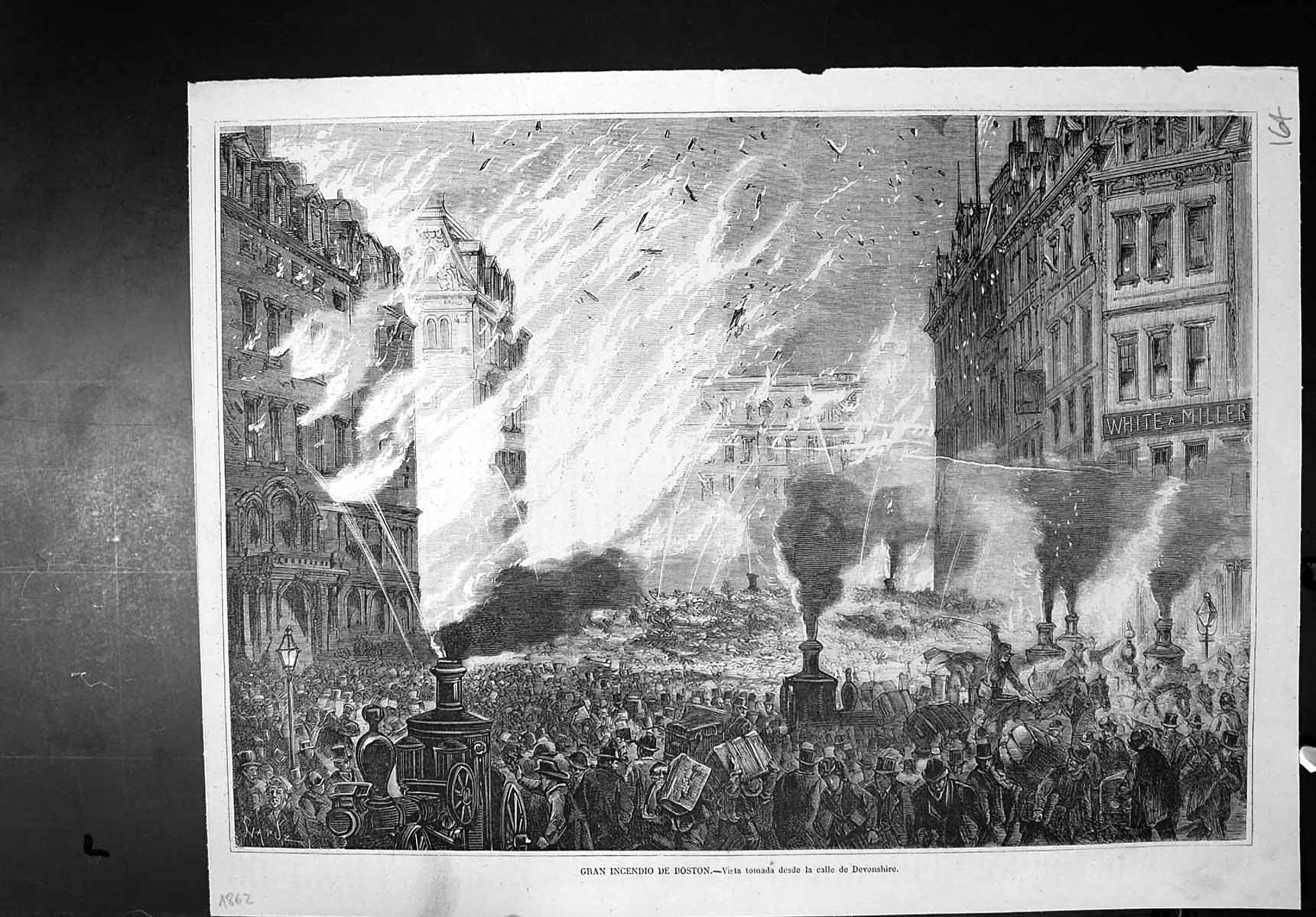 Old Antique Print Great Fire Boston Crowds Streets Calle Devonshire 1862 19th