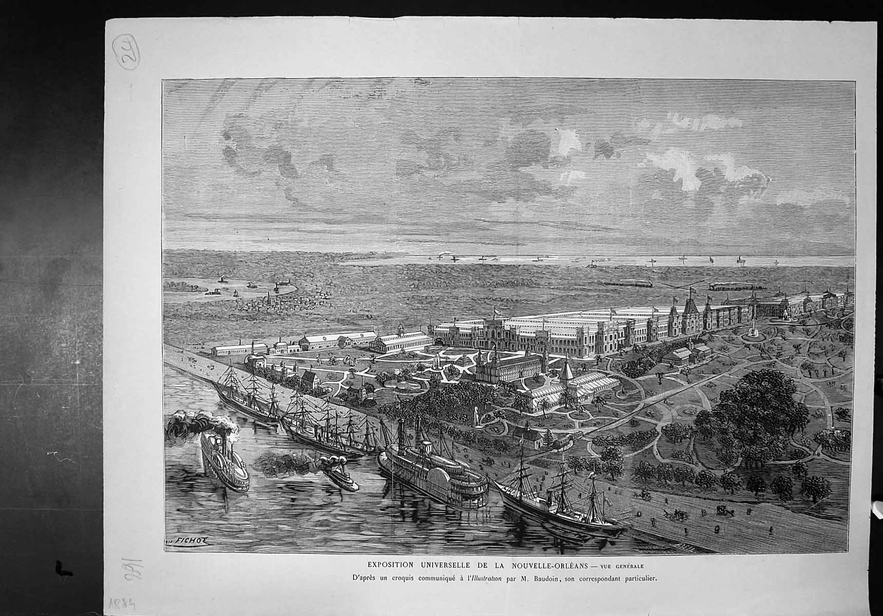 Original Old Antique Print Universal Exhibition New Orleans Ships River Fichot