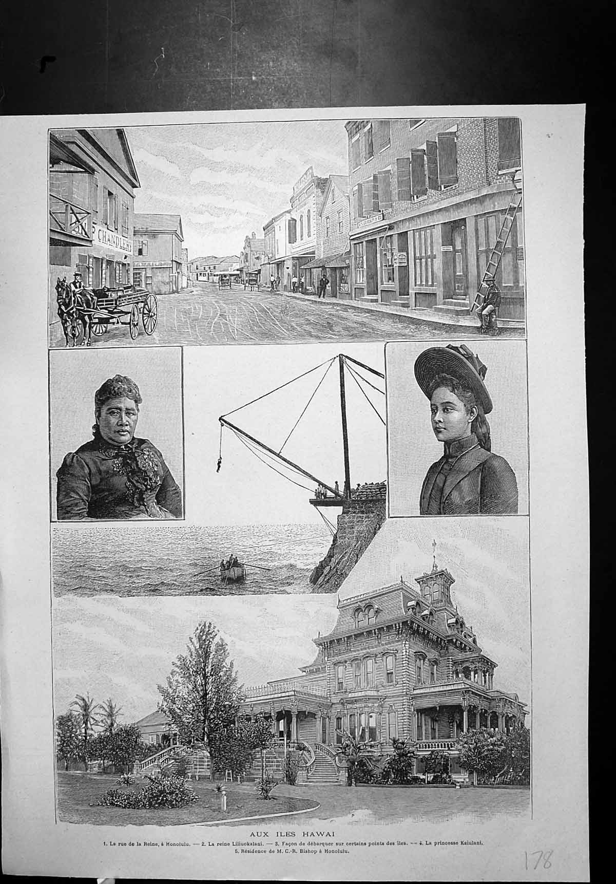 Antique Print Hawai Rue Reine Honolulu Princesse Kaiulani Residence Bishop 18th