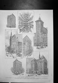 Antique Old Print High Houses Chicago Temple Masonic Chamber Commerce Owing