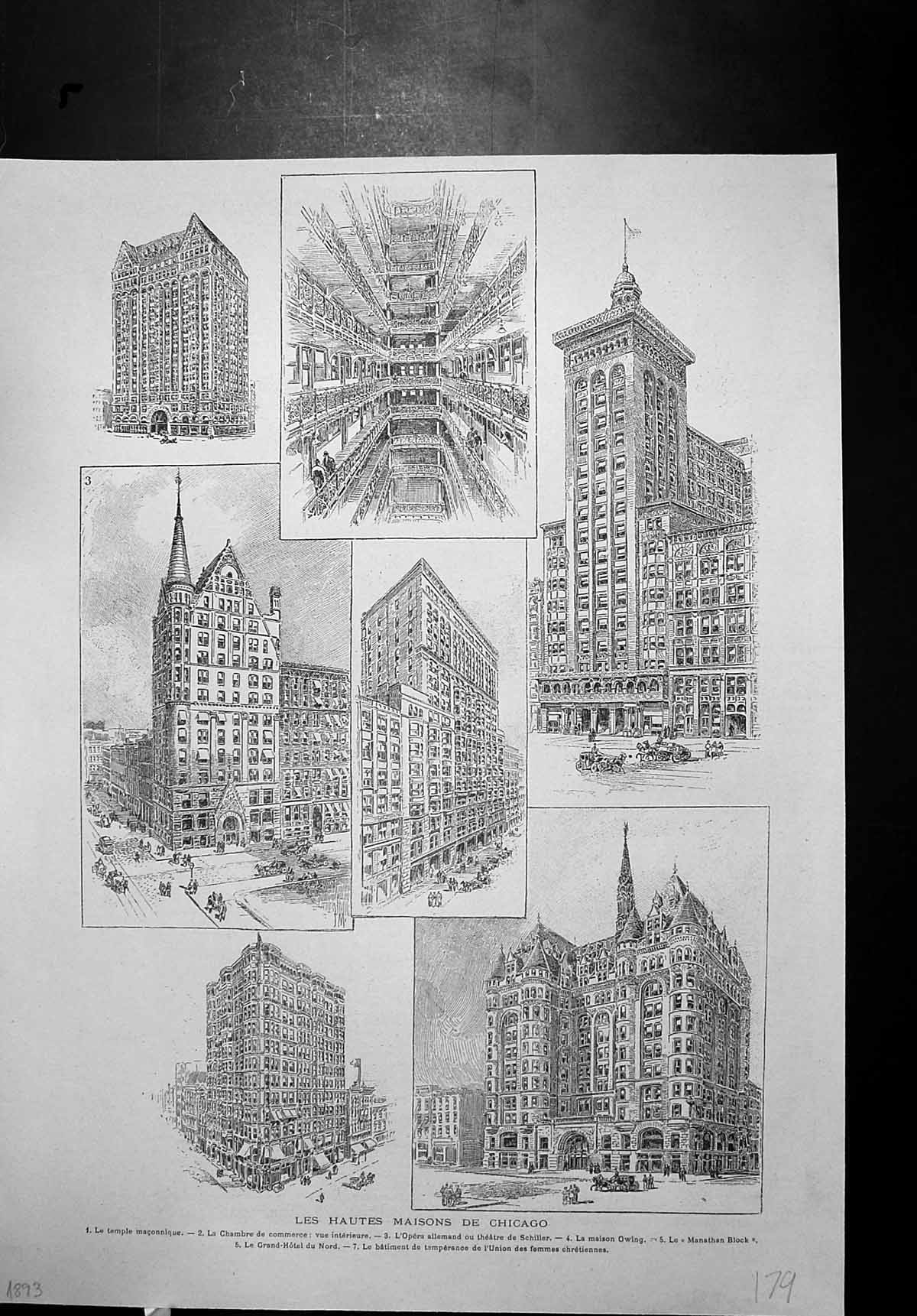 Antique Old Print High Houses Chicago Temple Masonic Chamber Commerce Owing