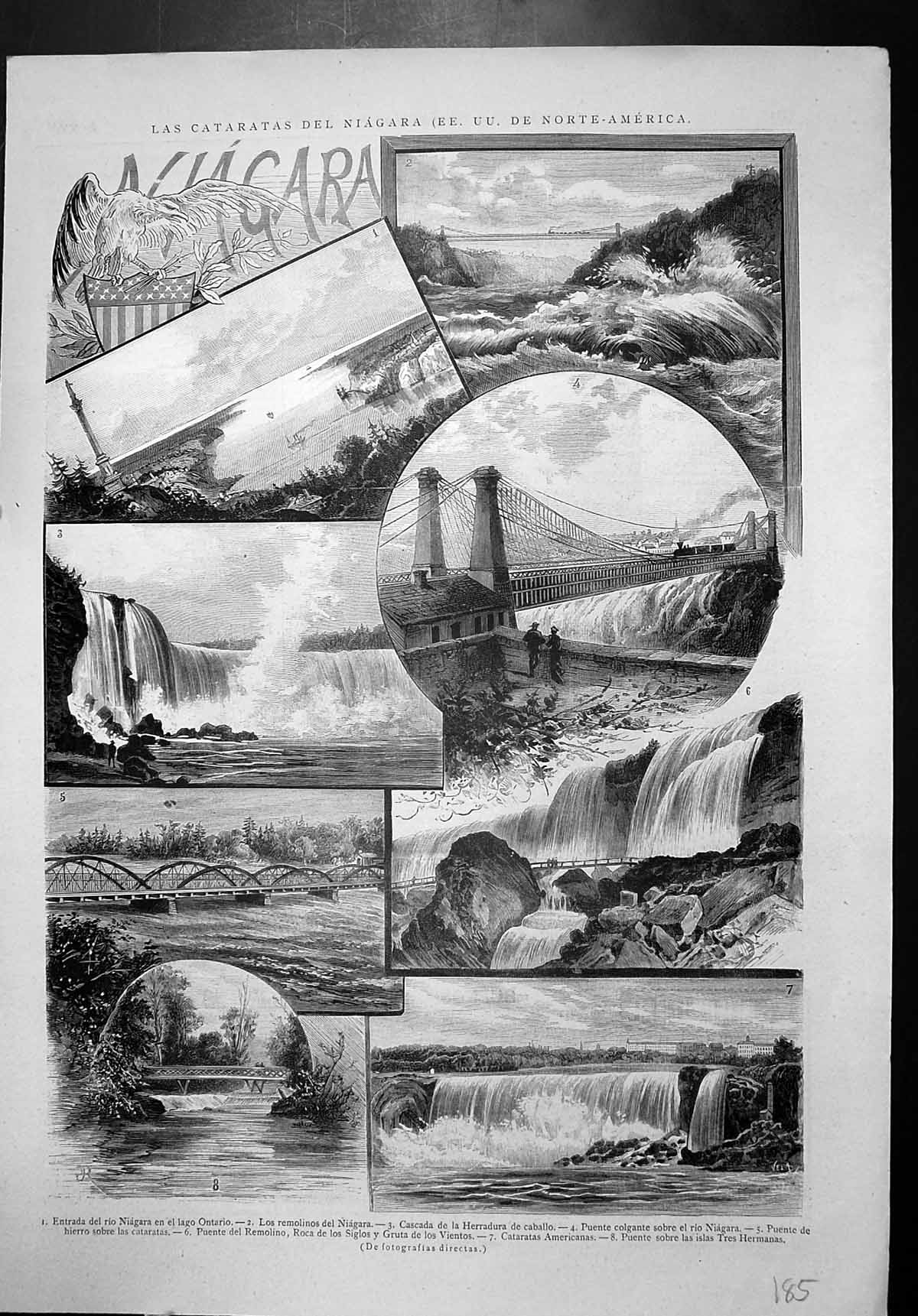 Antique Old Print Niagara Falls Entrance Lake Ontario Bridge Tres Hermanas 19th