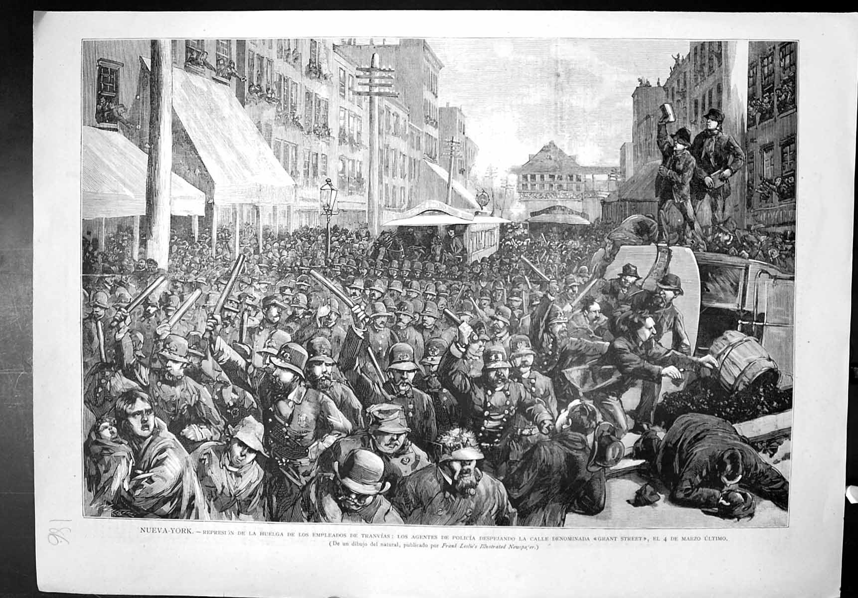 Old Print New York Represion Huelga De Los Empleados Transvias Police Mob 19th