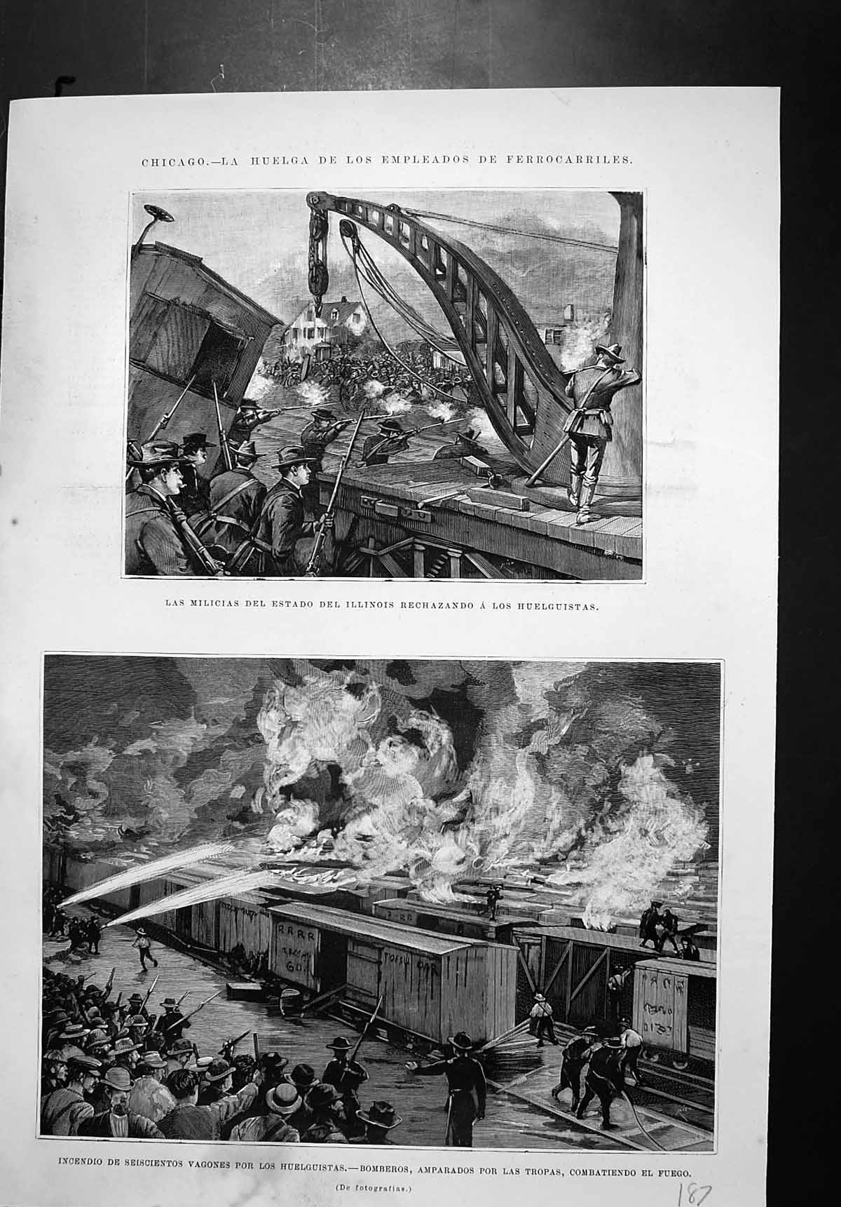 Antique Print Chicago Militants Illinois Huelguistas Waggons Fire Fighters 19th