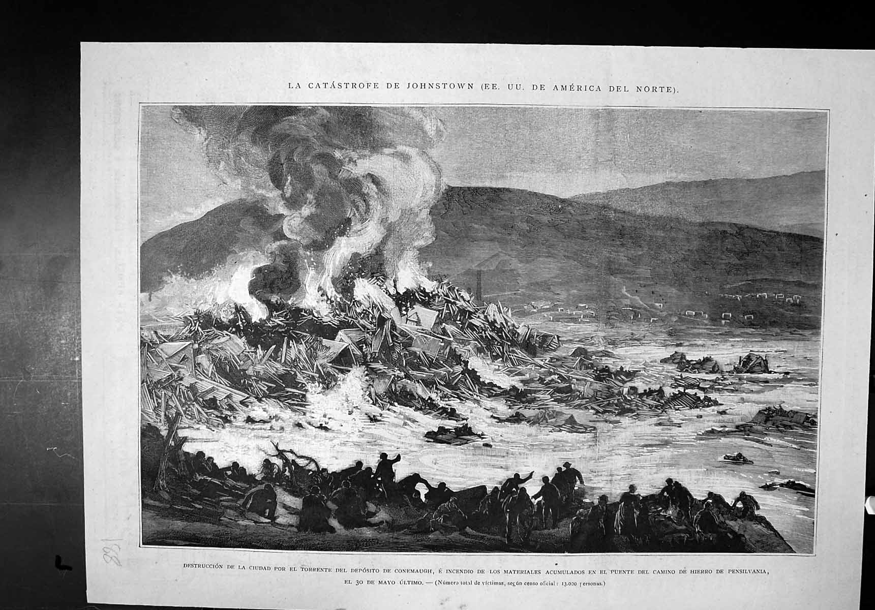 Original Old Antique Print Catastrophe Johnstown North America Destruction Fire