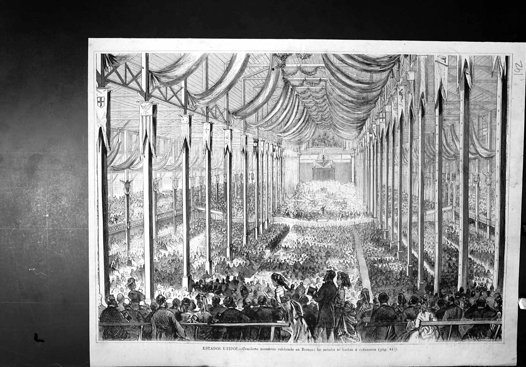 Original Old Antique Print Concert Boston U S A Senales Hacian Canonazos 20th